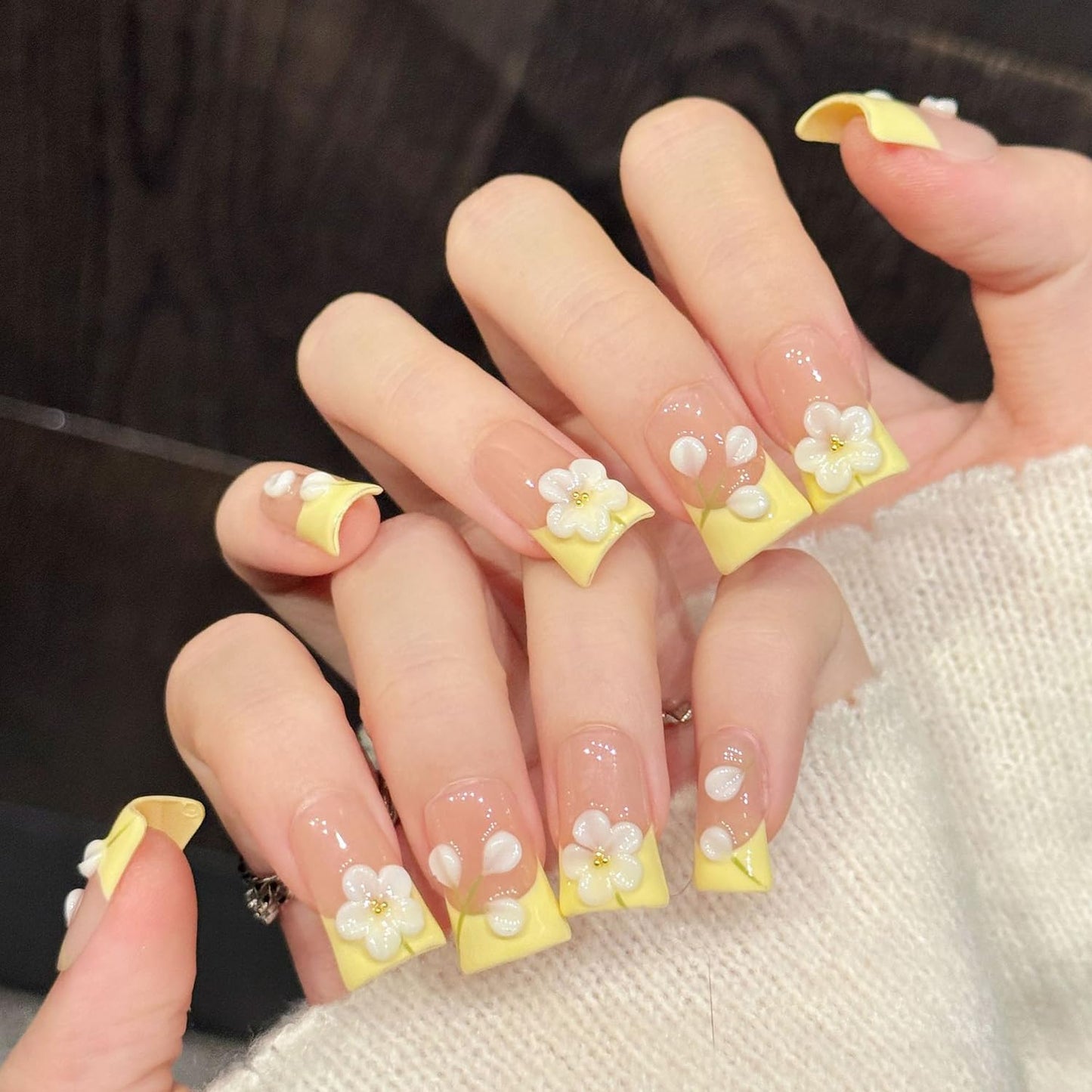 Spring Summer Duck Press on Nails Handmade Press on Nail Luxury Yellow French Acrylic Fake Nails 3D Flower Designs Stick on Nail Full Cover Thickened False Nails for Women Nail Art DIY（Size S 10 Pcs)