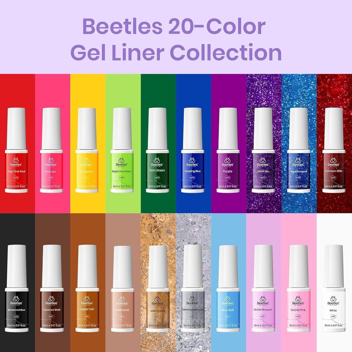 Beetles French Tip Gel Liner Nail Polish Set- 20 Colors Nail Art Polish Brown Glitter Pink Blue White Red Purple Swirl Gel Nails Polish Nails Art Painted Build in Thin Brush Manicure Gifts for Women