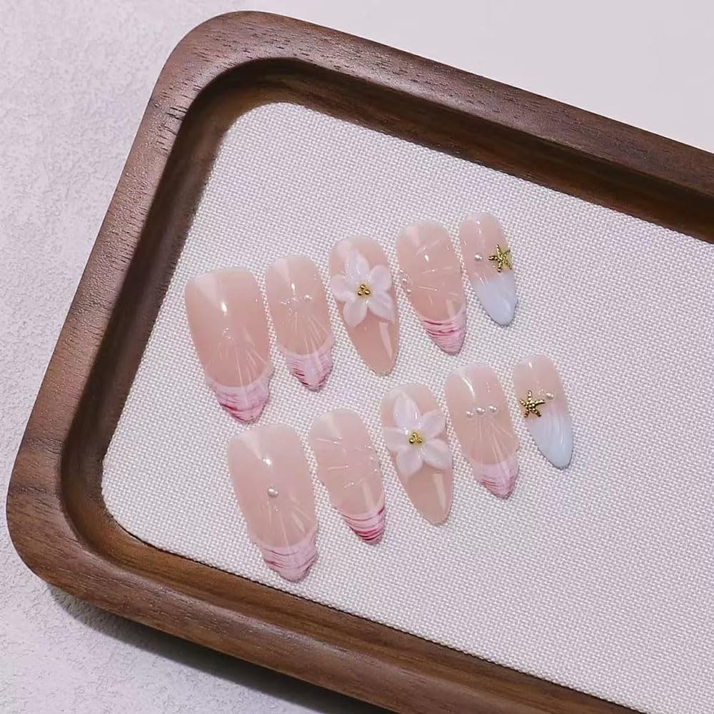 10Pcs Medium Almond Handmade Press On Nails | Easy Apply & Remove, Reusable Salon Quality Nails | Sheer Nude Beach Themed Fake Nails with 3D Seashell & Floral Accents (A022, M)