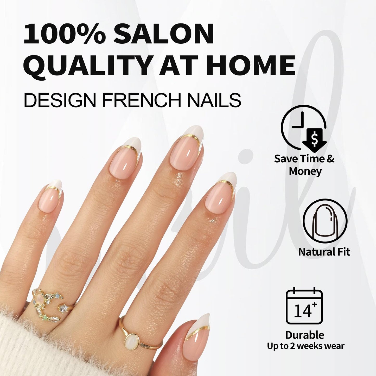 SHANGMENG White French Tip Press on Nails with Gold Line Design - Soft Gel Almond Nails Short for Women, Glossy Glue on Nails with Glue in 16 Sizes - 32 Reusable Fake Nails, Gold Ribbon