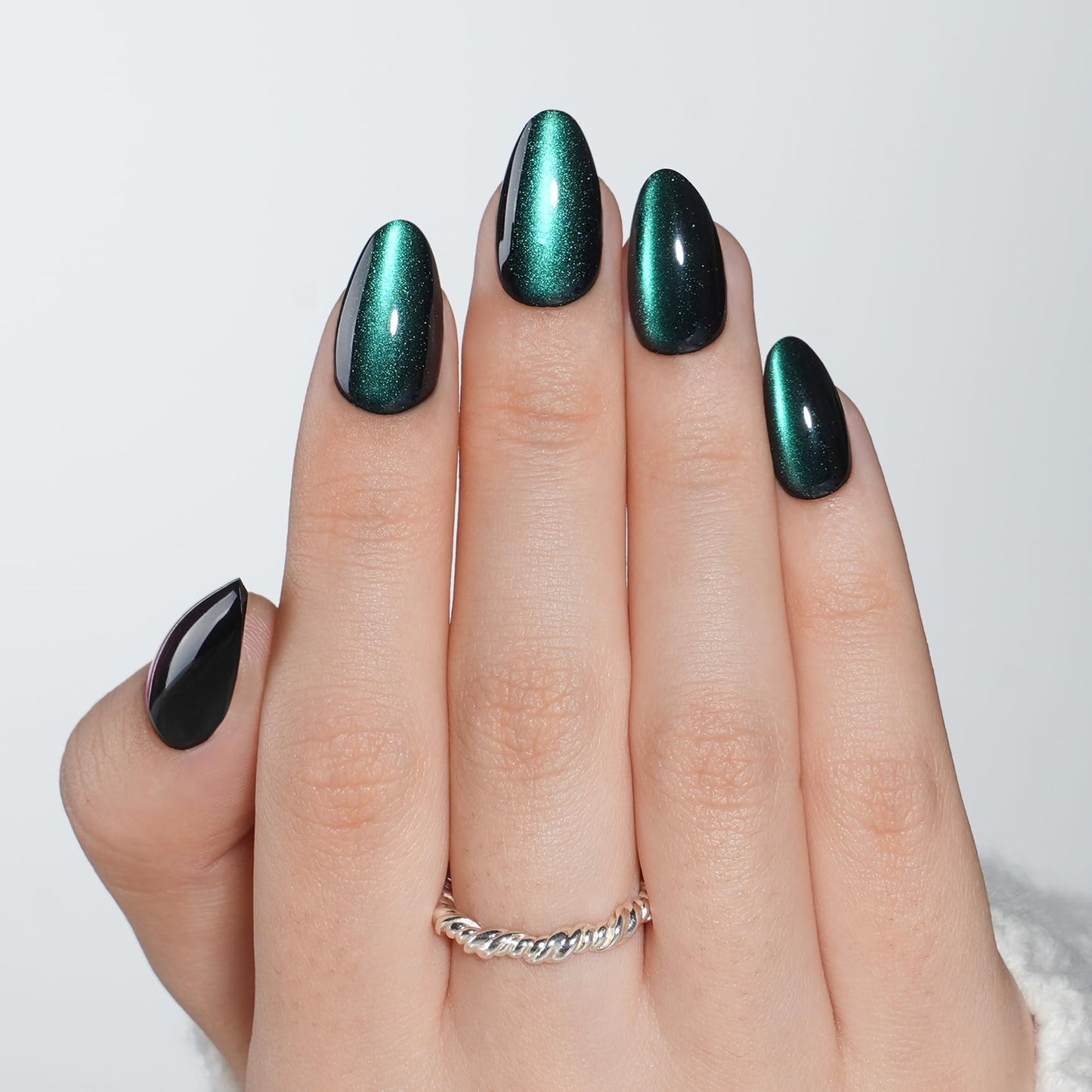 Green Cat Eye Press On Nails Almond - Short Almond Fake Nails with Nail Glue, Dark Green Cateye Press On Nails Reusable Stick On Nails in 16 Sizes 32 Nail Kit for Women & Girls | Salon Quality
