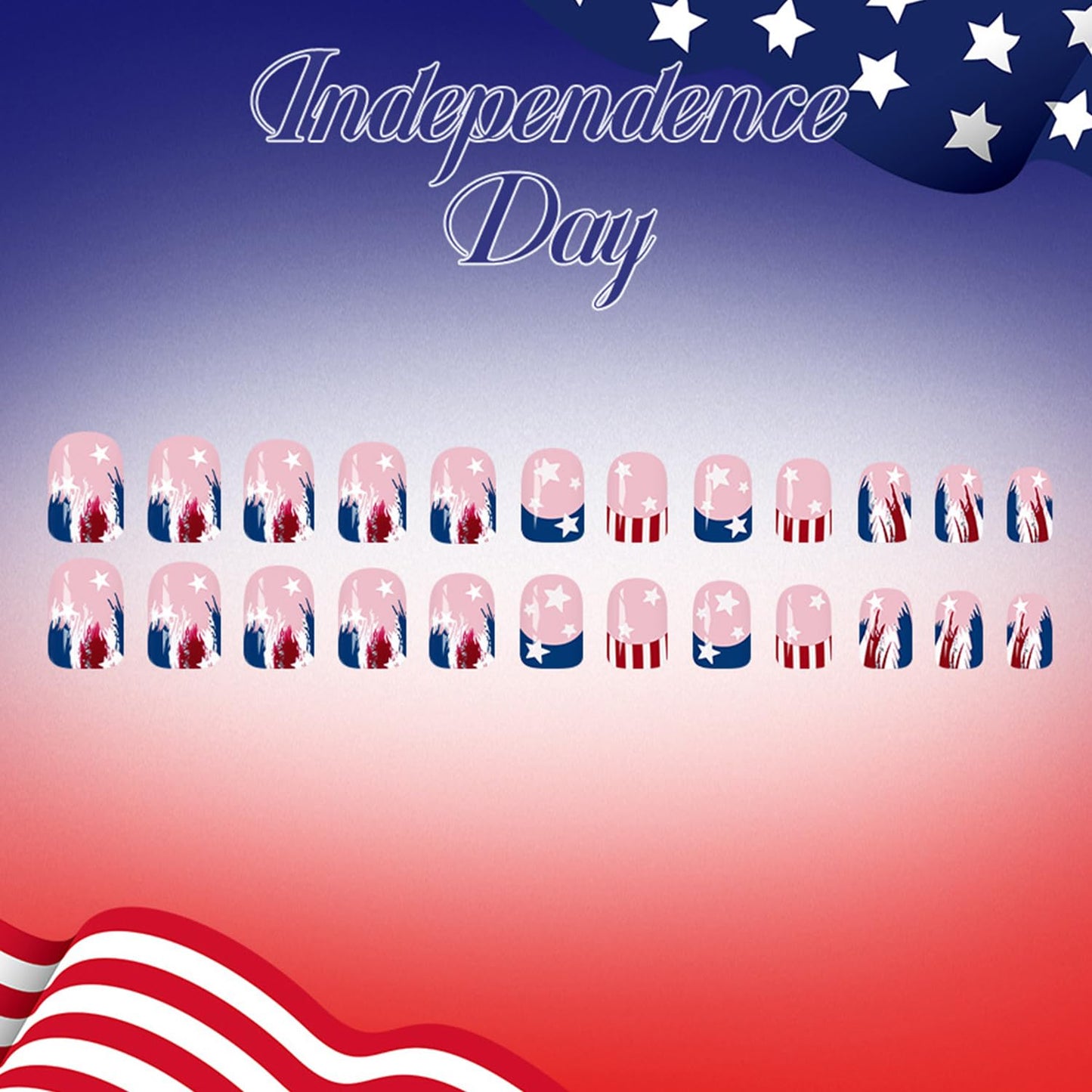 Nude Pink Independence Day Press on Nails Short Square French False Nail Red Blue White Lines with Stars Fake Nails Reusable 4th of July Press Ons Artificial Fingernails for Women Festival Manicure