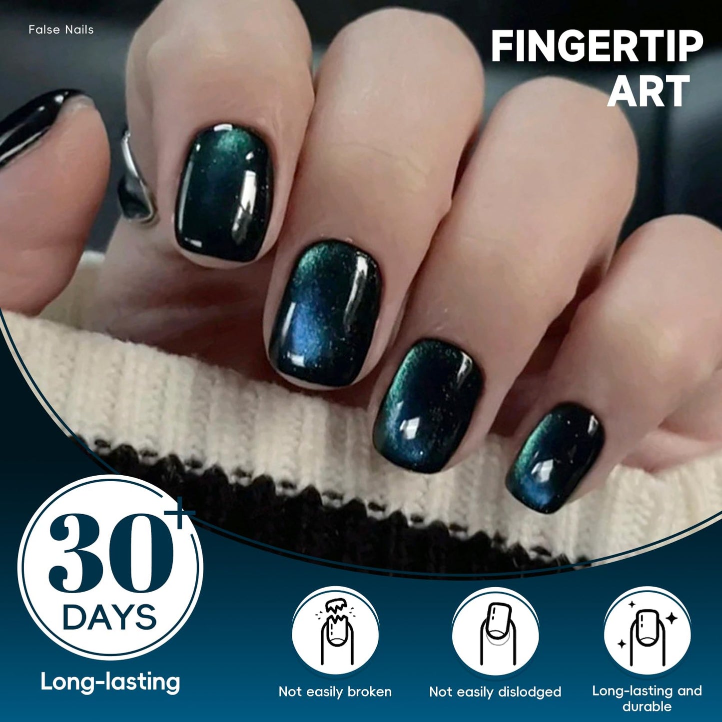HOSAILY Short Press on Nails Cat Eye, Blue Green Galaxy Square Fake Nails with Magnetic Shimmer Design, 24pcs Glossy Handmade Gel Glue on Nails Coffin, Salon Quality Stick on Nails Press Ons for Women