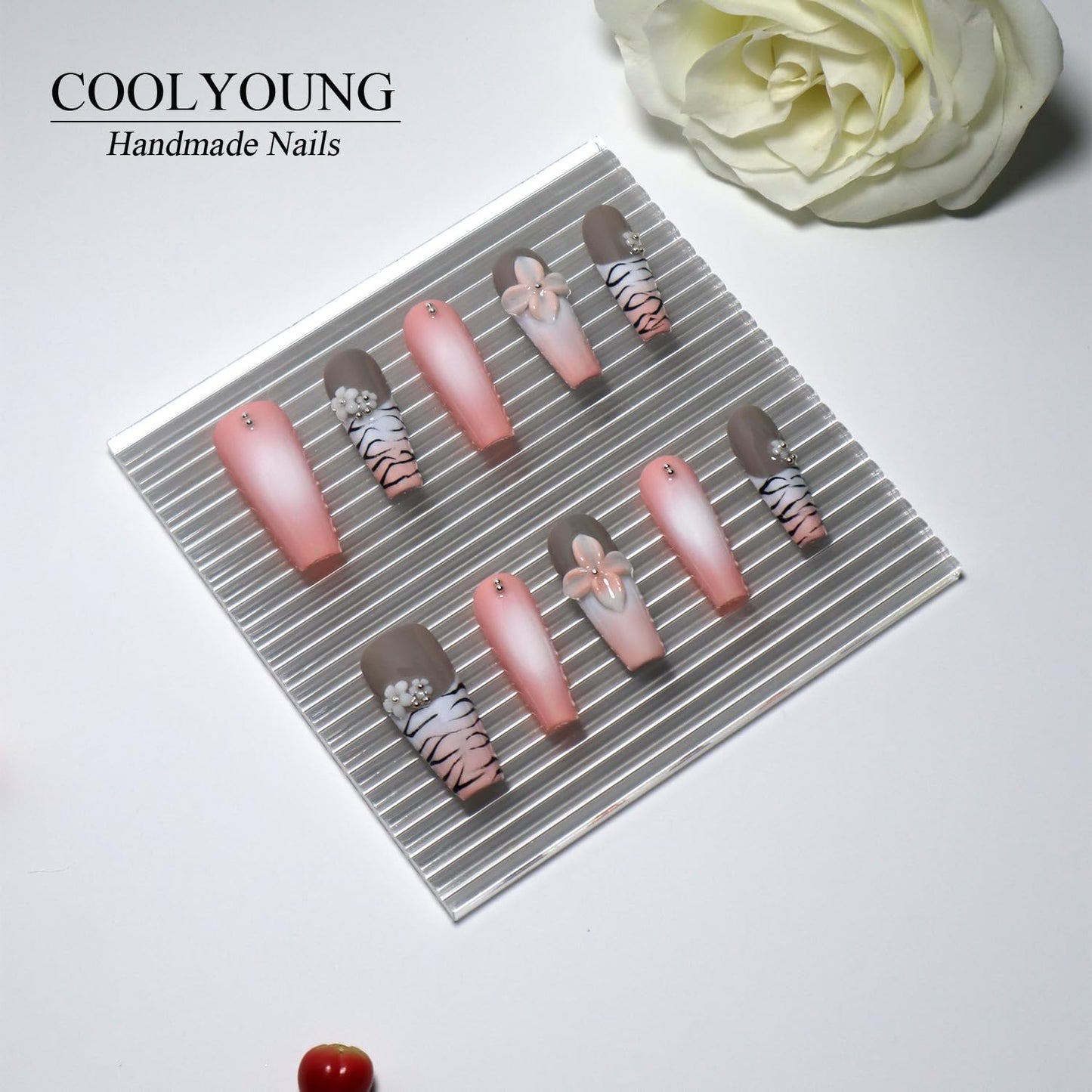 COOLYOUNG Medium Coffin Press On Nails, 3D Nail Art, Infatuation, Floral Press On Nails, Coquette Nails, 10 Pieces Press On Acrylic Nails with 1 Storage Bag and Gel Nail Kit