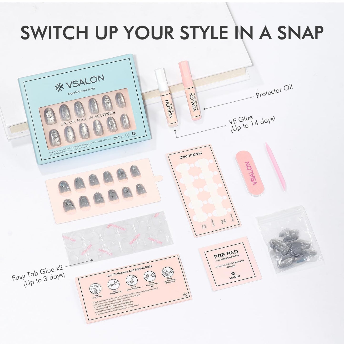 VSALON Oval Short Press on Nails, Silver Gray Star & Moon Summer Celestial Cat Eye Glossy 3D Art Nail Kit & Blue Cat Eye Mini Pack