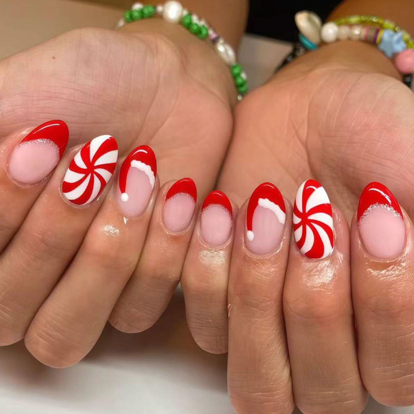 Christmas Press on Nails Short Oval French Tip Fake Nails with Swirl Glitter Designs Christmas Nails Press ons White Red Glossy Acrylic Nail Winter Stick on Nail for Women 24 Pcs