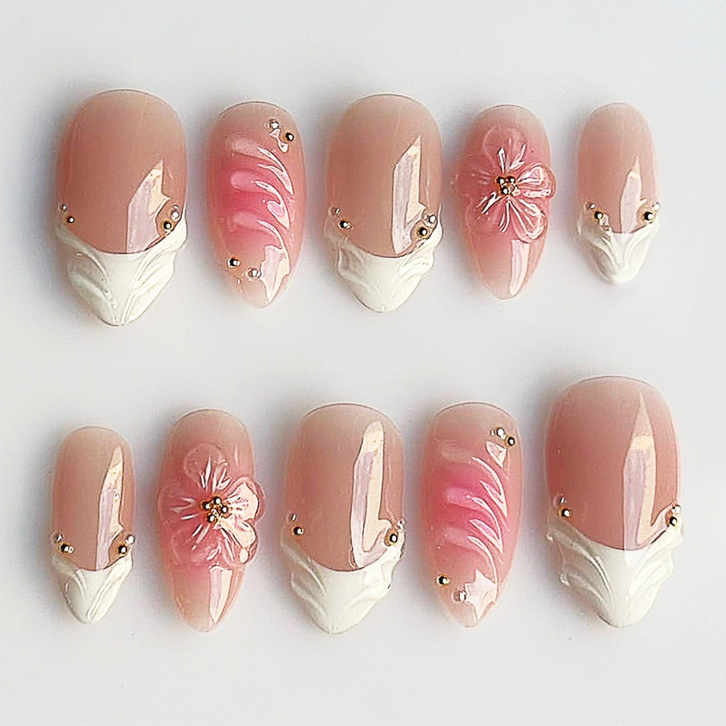 3D Flower Medium Almond False Nails HZJXRT Press on Nails 24 Pcs Curve Line Acrylic Fake Nail Blush Gradient Gel Glue on Nail Glossy White French Tips Stick on Fingernail for Coquette Women Gift