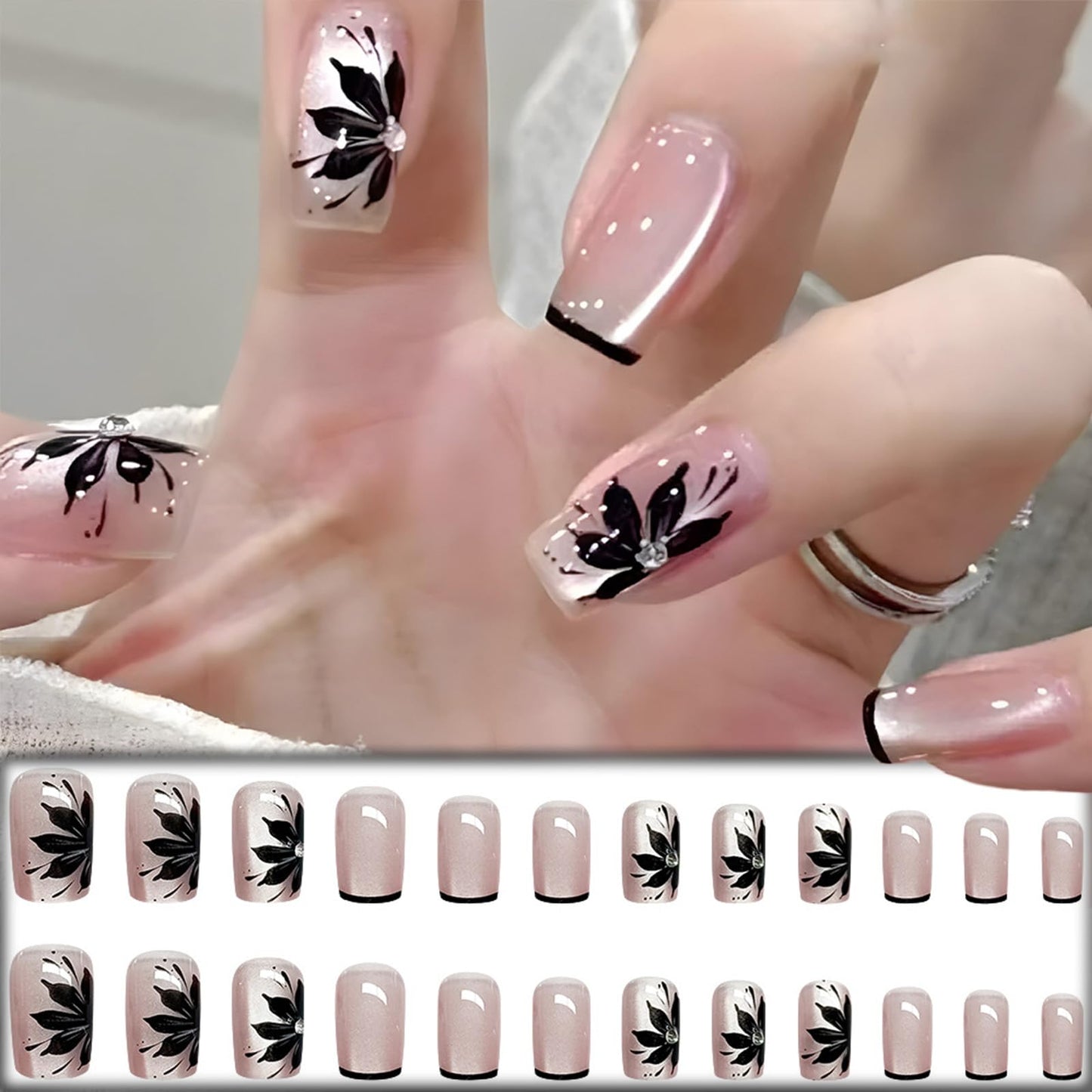 Winter Flower Press on Nails Black French False Nails Glossy Pink Cat Eye Acrylic Fake Nails 24Pcs Rhinestones Gel Glue on Nails for Manicure Flower Stick on Medium Square Nail for Coquette Women Girl