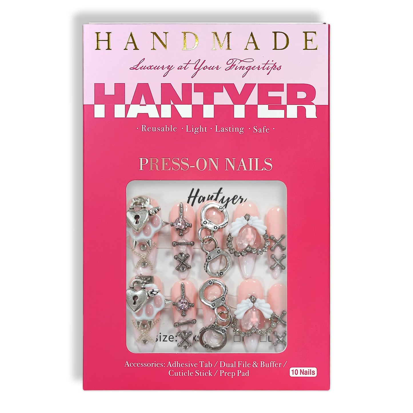 Hantyer Nude Ombre Gothic Press on Nails with Cat Paw Print & Silver Charms, Long Stiletto Glossy Sweet Cute Fake Nails, Reusable Kawaii False Nails for Women Birthday Party Cat Lover Gifts (Size M)