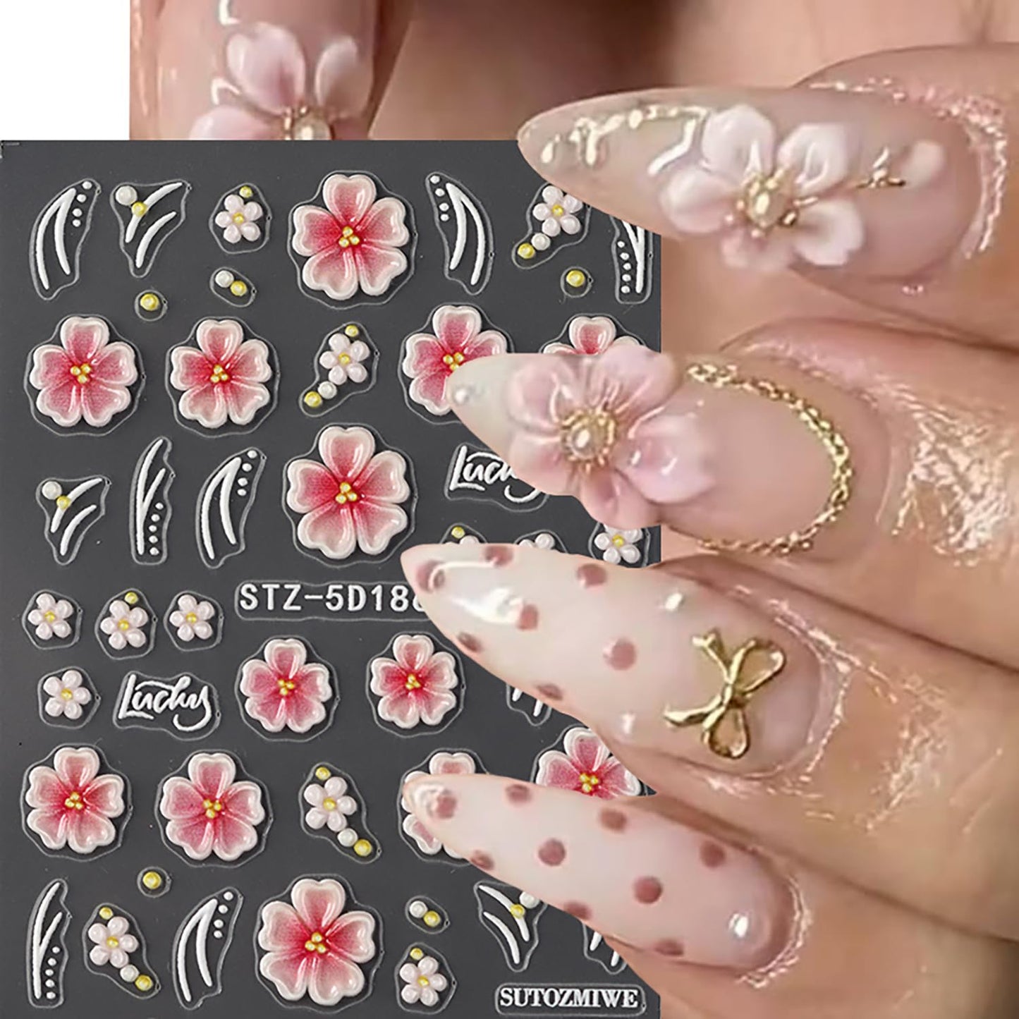 CJDLTS 2 Sheets 5D Flower Nail Art Stickers 5D Relief Self -Adhesive Cherry Blossoms Nail Decals Holographic Pink Cherry Blossoms Nails Stickers for Women Spring Acrylic Nails Decoration Supplies