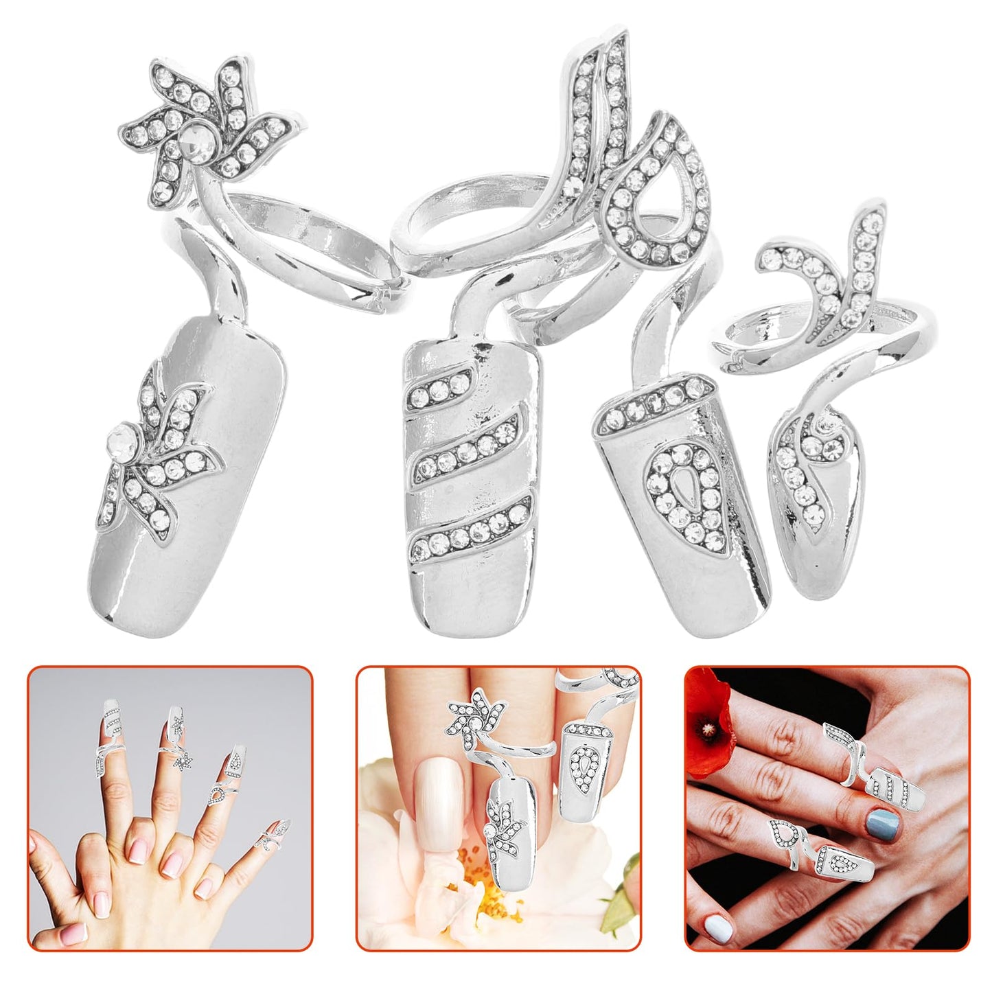 FRCOLOR 12Pcs Nail Rings with Rhinestone Metal Finger Rings Nail Decoration Fingernail Glitter Rings Nail Cover Ring Finger Patch Nail Jewelry