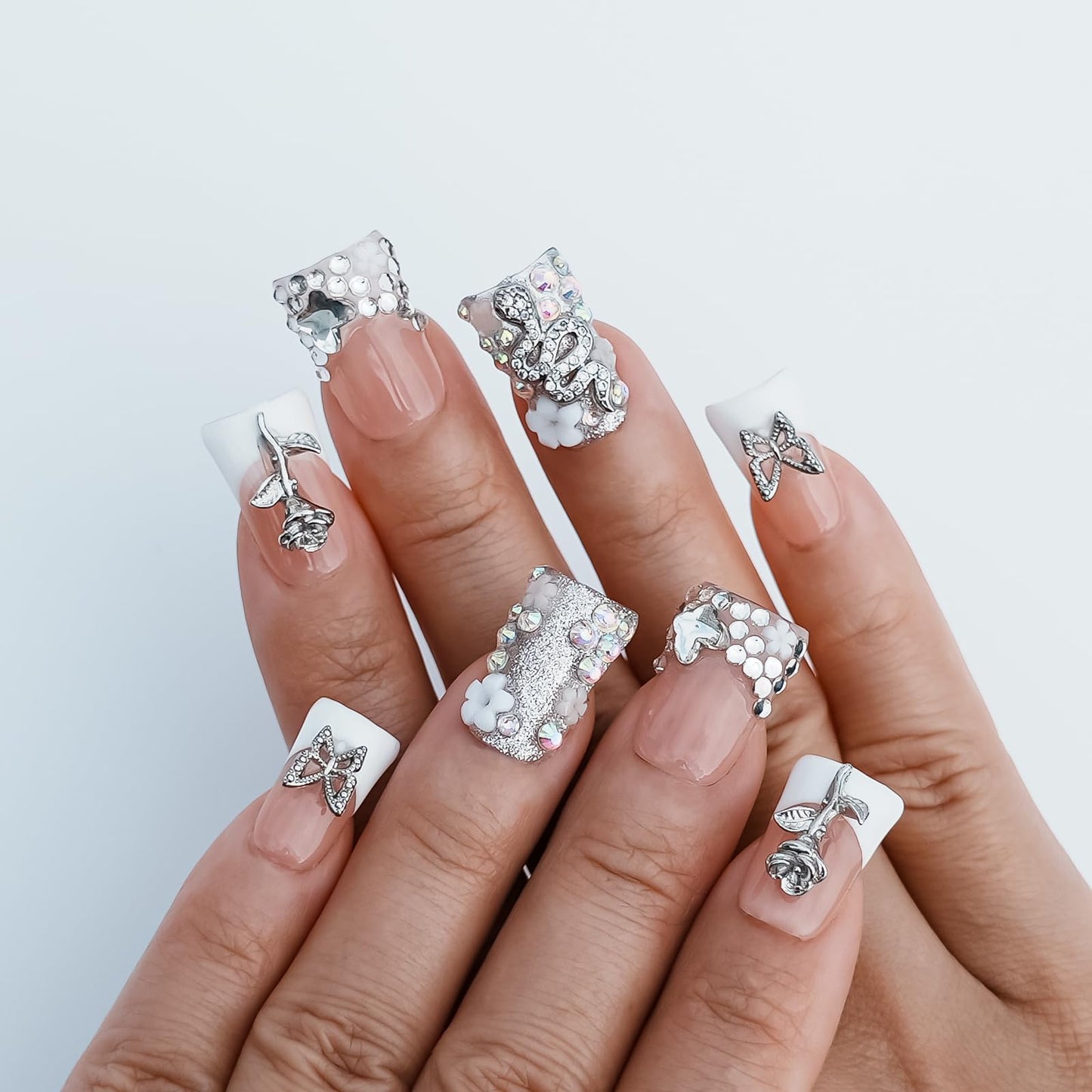 Tesytto Handmade Press on Nails Short Duck White French Tip Thick Acrylic Fake Nails 3D Floral Metallic Rose Butterflies Luxury Rhinestone Design (Silver Ash Butterfly Sheen,L)