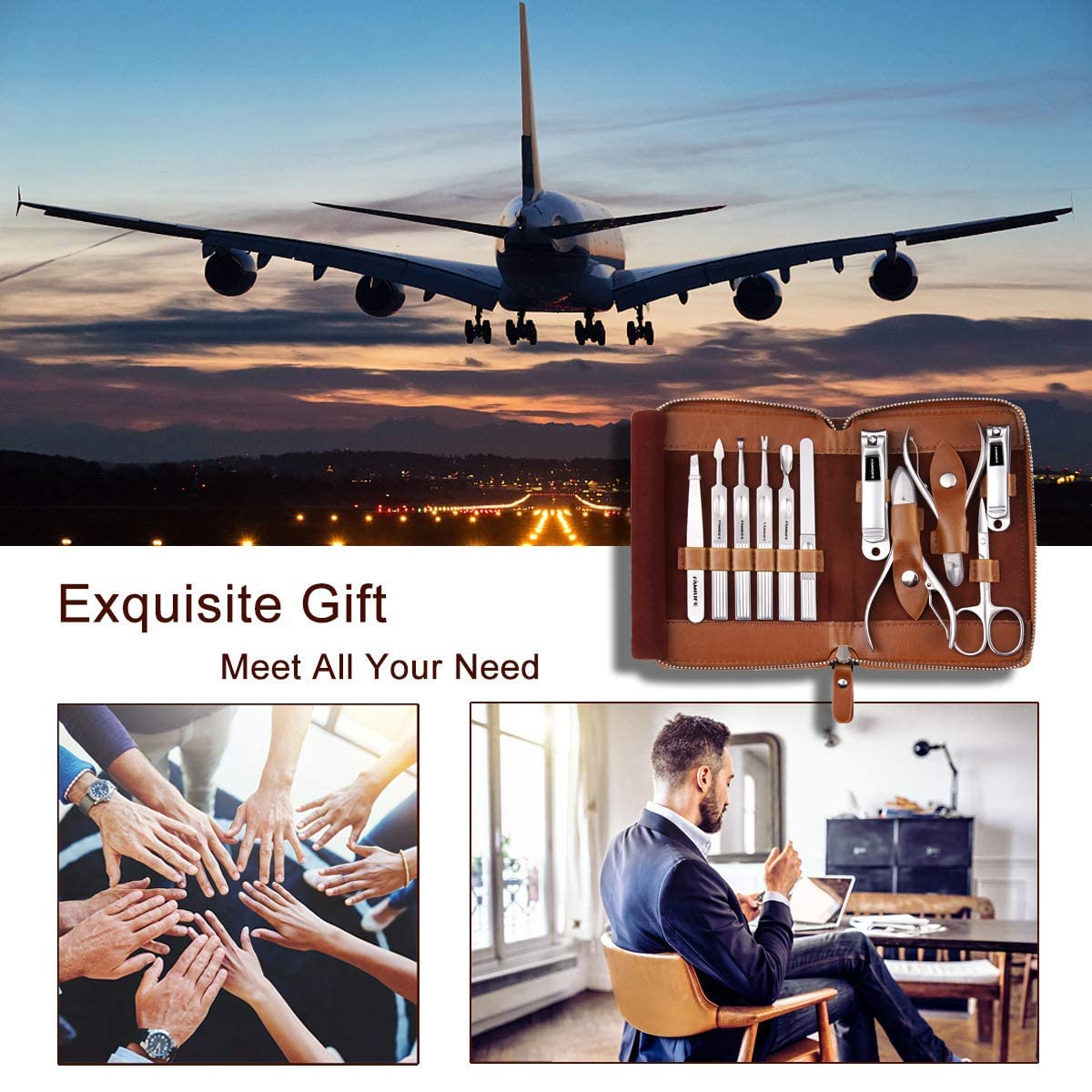 FAMILIFE Professional Manicure Kit Nail Clippers Set 11 in 1 Stainless Steel Pedicure Tools Kit Grooming Kit and 16pcs Gifts for Men Stainless Steel Portable Brown Leather Nail Kit Mens Gifts