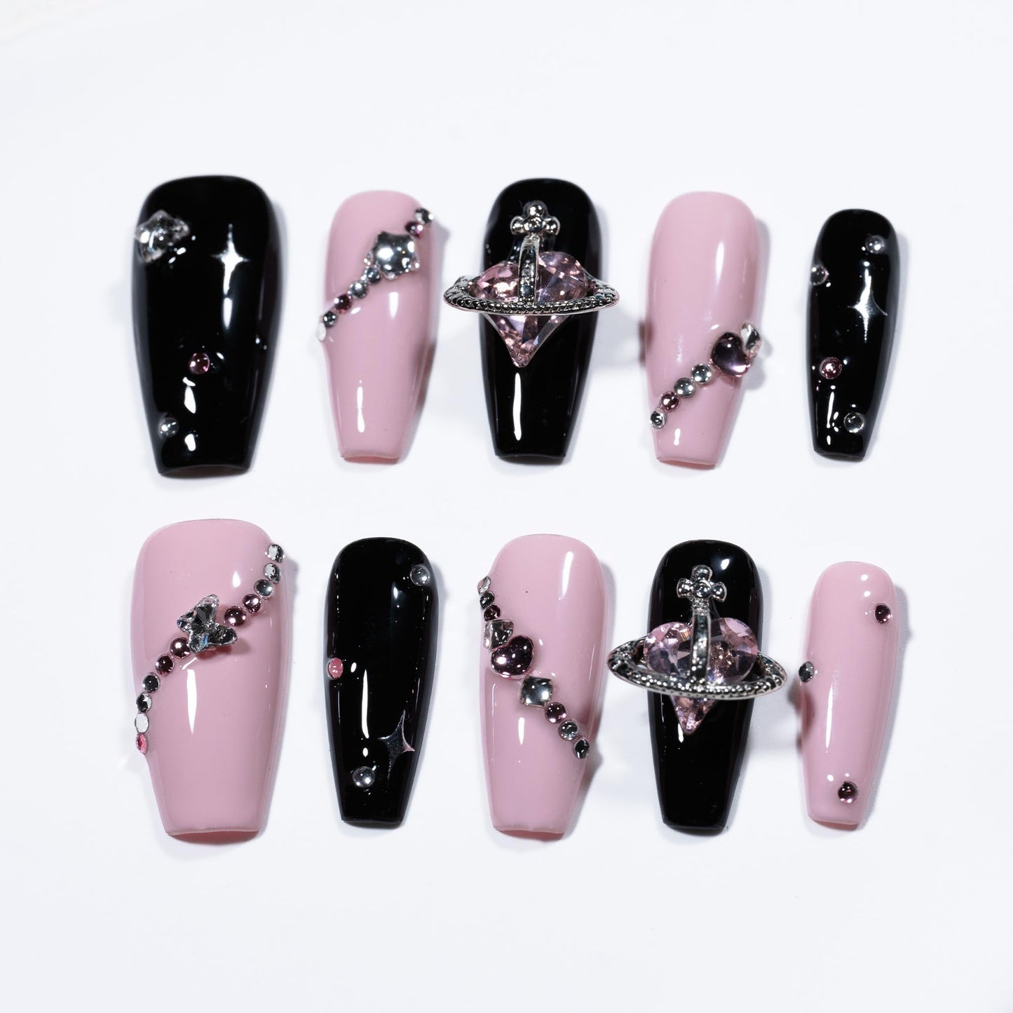 Sun&Beam Nails Handmade Press-on Medium Long Coffin Ballerina Pink Black Y2K Trendy Minimalist Design Fashion False Nail Tips 10 Pcs Set (#244 M)