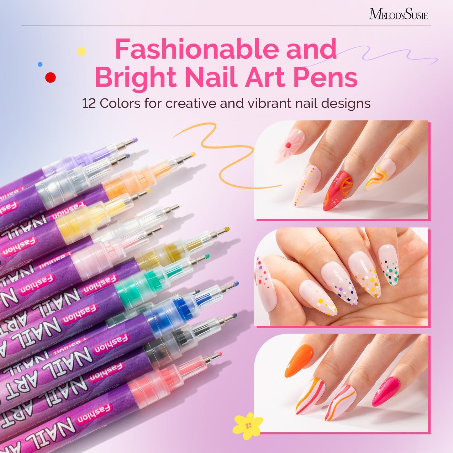 MelodySusie Nail Art Pens Set, 12 Colors 0.5MM Nail Polish Pens for Nail Art, Nail Dotting Tool, Drawing Pen for Nail Design, Manicure Nail Pens for Salon and DIY at Home