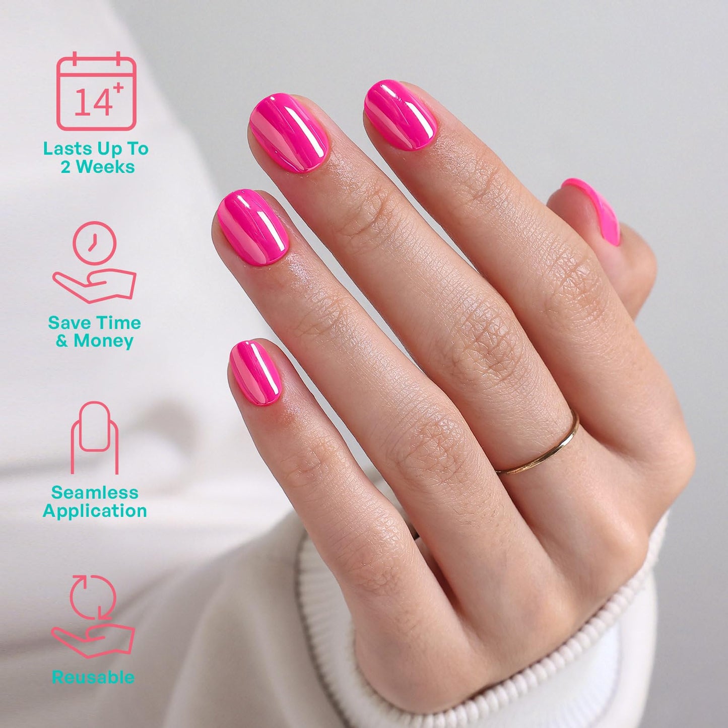 Hot Pink Chrome Press On Nails Extra Short - GJZEZ Soft Gel Shimmer Glazed Donut Square Fake Nail Press Ons, Holographic Pearlescent Iridescent Reusable Glue On Nails in 16 Sizes & 32Pcs, Candy Pink