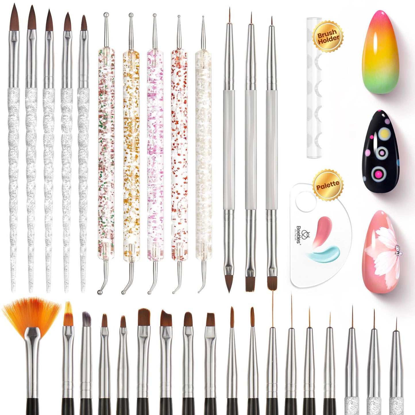 Beetles 31pcs Nail Art Brushes, Nail Art Pens, Dotting Tools, Dust B & French Tip Tool: Stamp Gel Silicone Nail Stamp Kit with Long Silicone