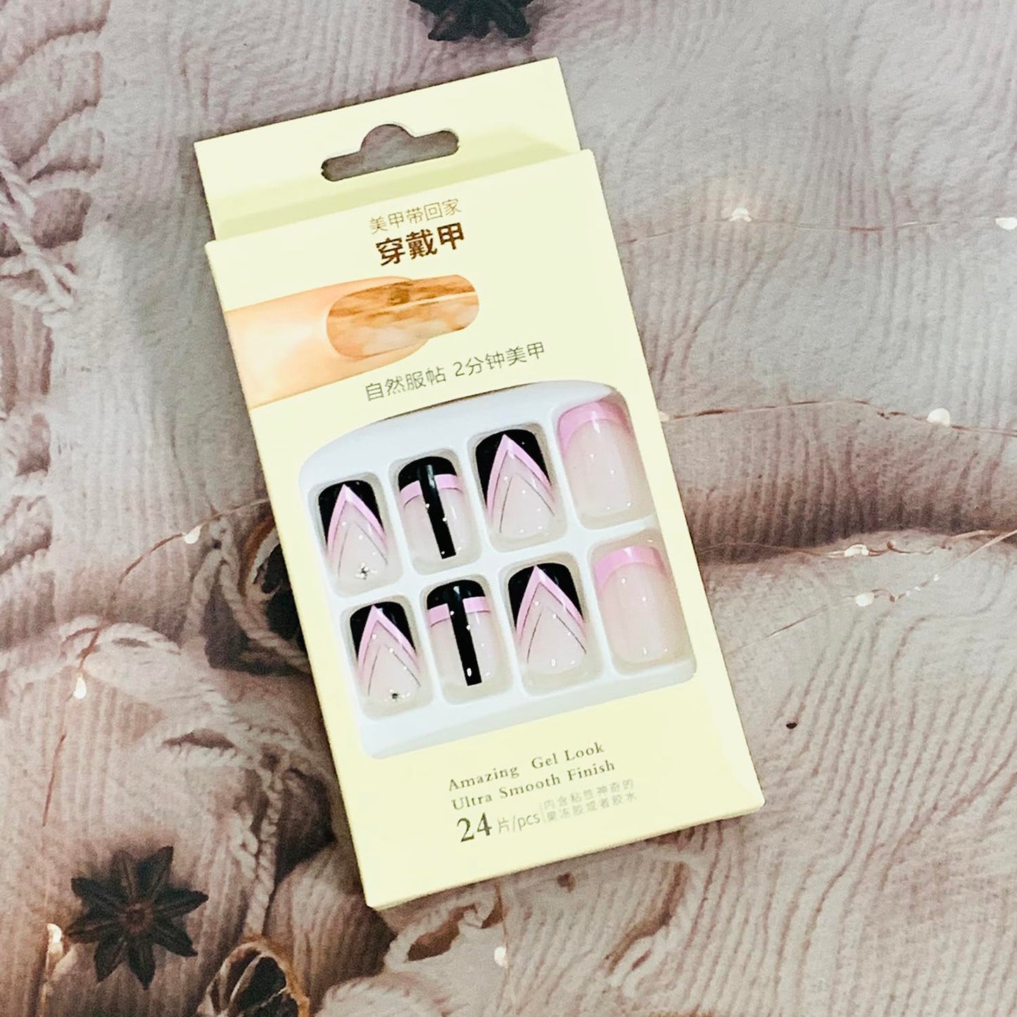 Vezocim Pink Press on Nails Square Shapes 24Pcs French Tips Glossy Full Cover Medium Acrylic Square False Nails with Designs Artificial Coffin Fake Nails Glue ons Fingernails with Charm for Women