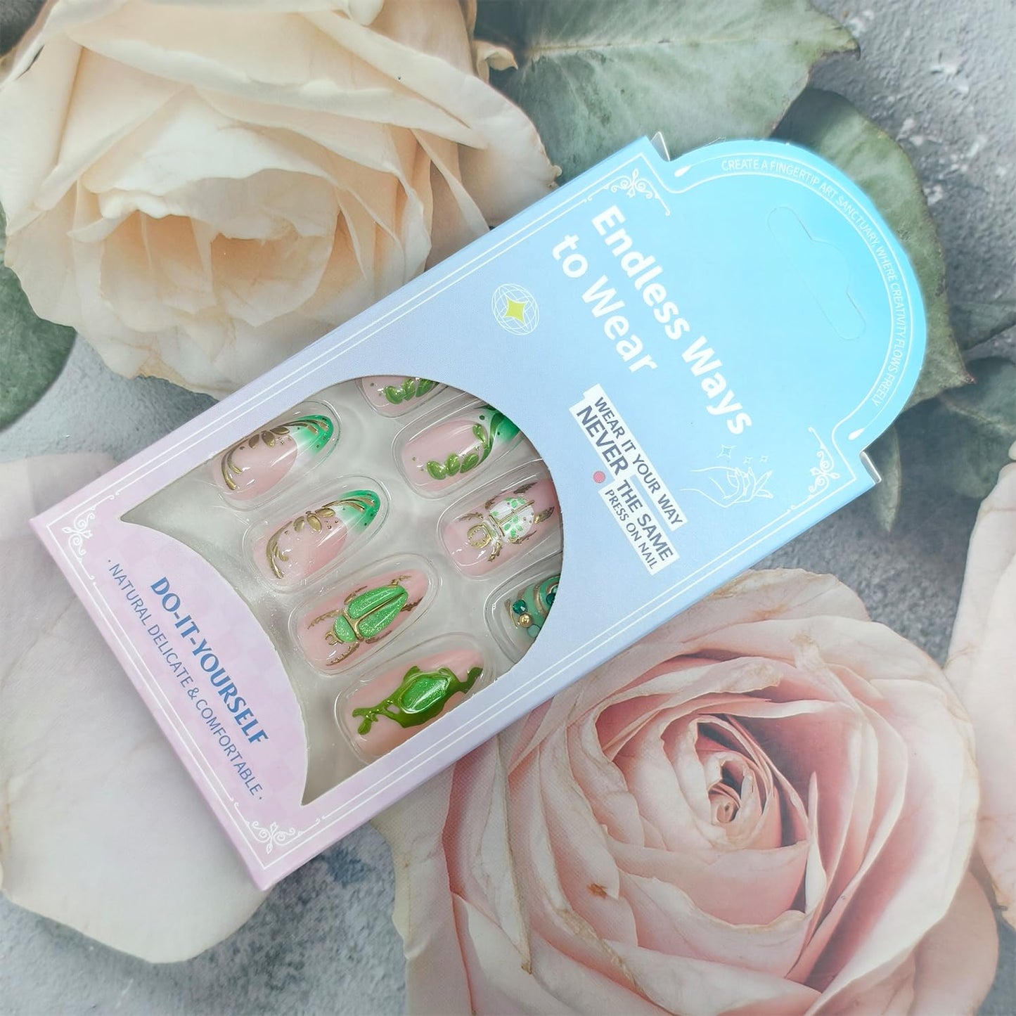 CJDLTS Pink Press on Nails Almond Shaped Artificial Acrylic French Gradient Fake Nails Green Golden Turtle with Metal Lines Long Design Glue on Nail Artificial Fingernails for Women Manicure 24Pcs