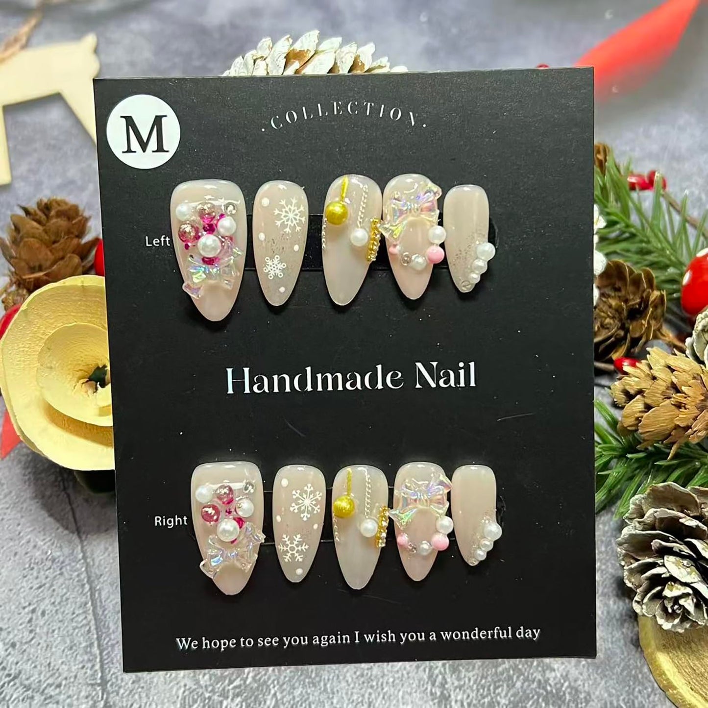 Christmas Handmade Press on Nails Short Almond Fake Nails Xmas Muti-Layer Gel False Nails with Snowflake Pearls 3D Bow Designs Thick Acrylic Full Cover Stick on Nail for Women 10 Pcs (Size S)