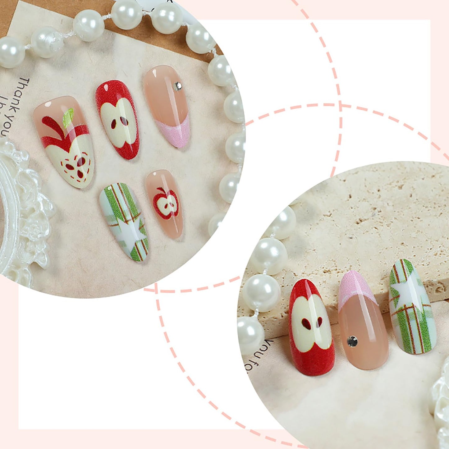 30pcs Almond Press on Nails Medium Fake Nails Pink French Tip Glue on Nails with 3d Rhinestones Designs Cute Apple Full Cover False Nails Green Plaid Star Artificial Stick on Nail Decoration for Women