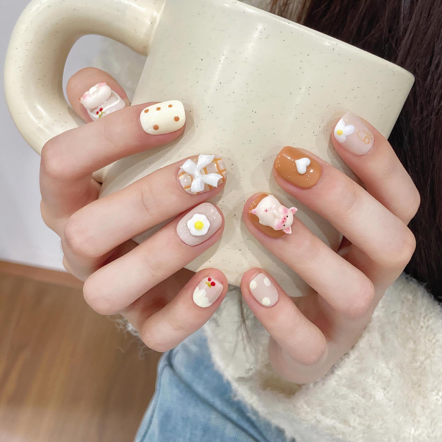 Avilux Press On Nails – Handmade, Reusable, 3D Designer Nail Art, 10Pcs Fake Nails for Women and Girls, Perfect for Holidays, Parties & Gifts (Cute Pig, Medium)
