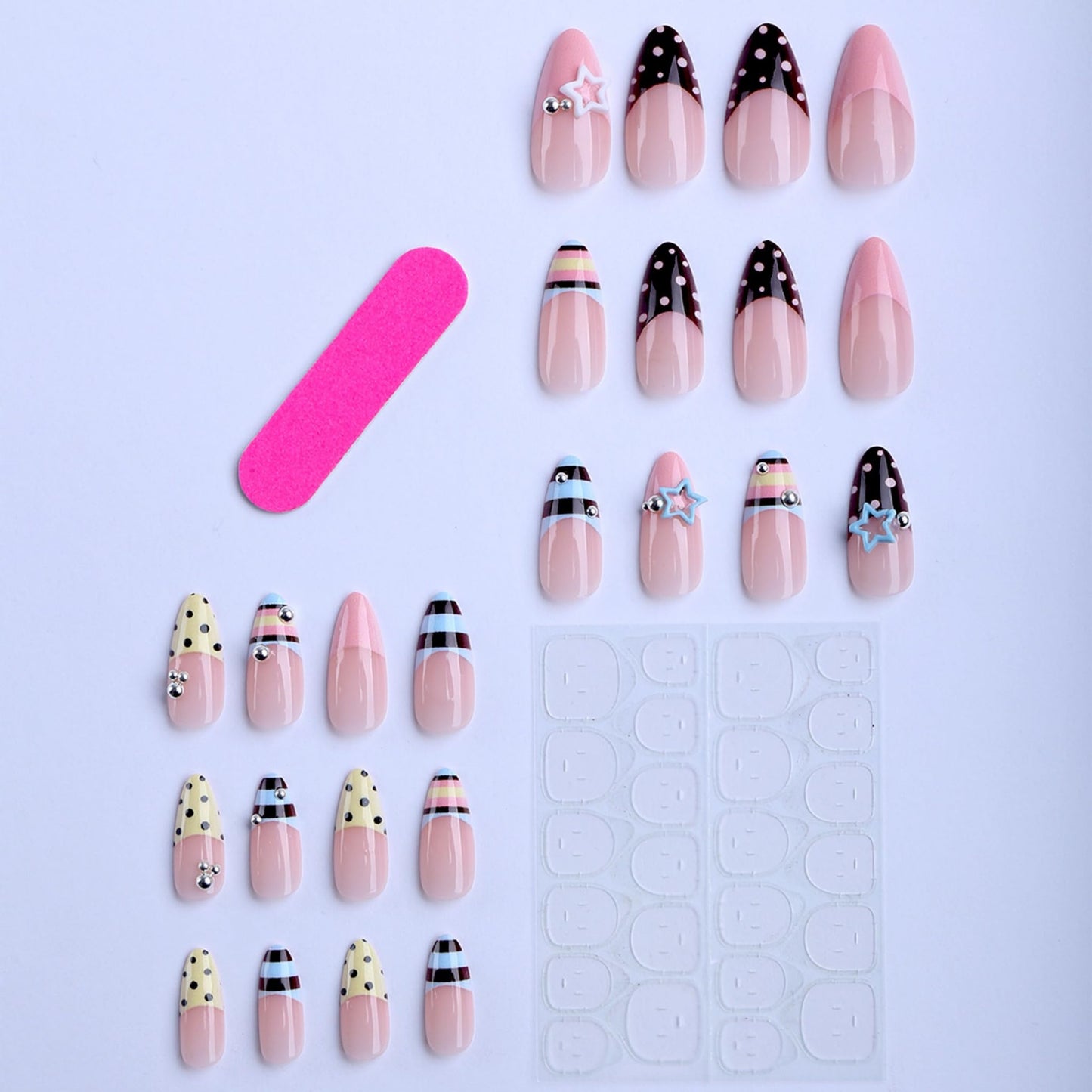 Long Press on Nails Almond Fake Nails Brown Acrylic Nail Press Ons Seeneey Y2Kand Stars Designs Rhinestones Stick on Nail for Women 24pcs