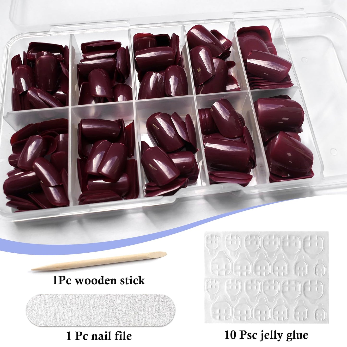 LuckForever Short Press on Nails 240pc Glossy Burgundy Press on Nails Short Square Round Fake Nails Full Cover 10 Sheets Nail Adhesive Tabs,Small Wooden Sticks and Nail Files False Nails for Women
