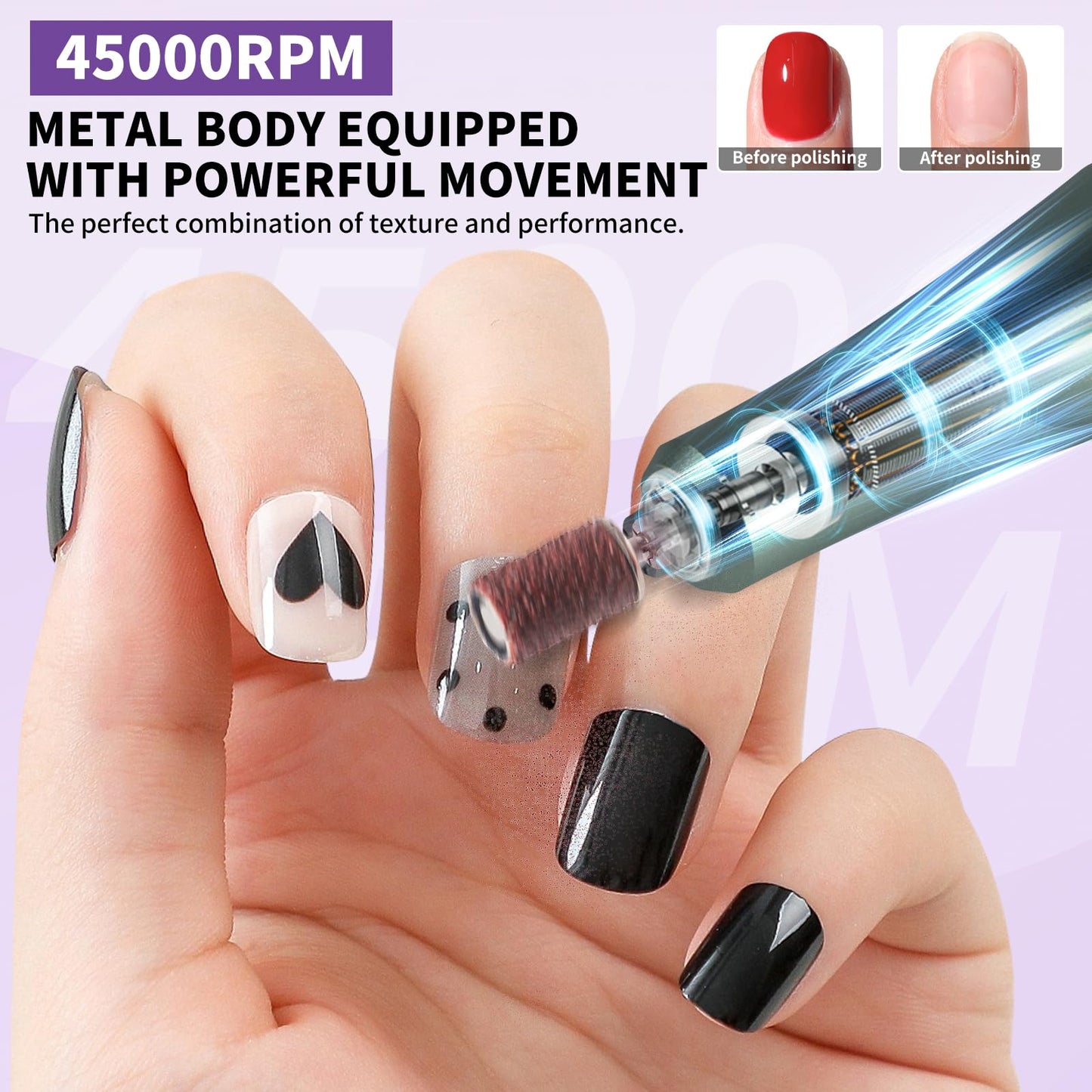 LIMEGIRL Professional Electric Nail Drill Kit 45000RPM Portable Cordless Toenail Cordless Toenail Machine with 14 Drill Bits and Base for Women (Purple)