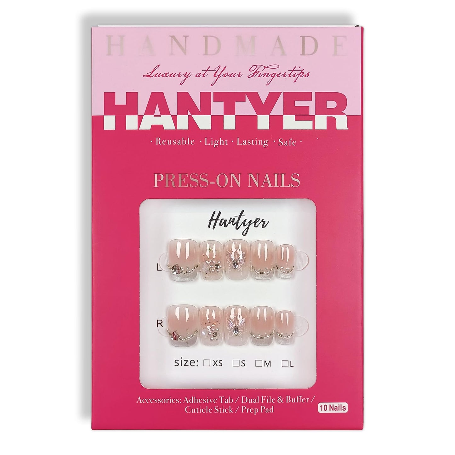Hantyer Handmade Press On Nails Short Square,Acrylic French Crystal Cat Eye & Chain Pearl Butterfly Design Fake Nails,Cute Korean Pink False Nails 10PCS with Tools Kit for Women Daily (Size L)