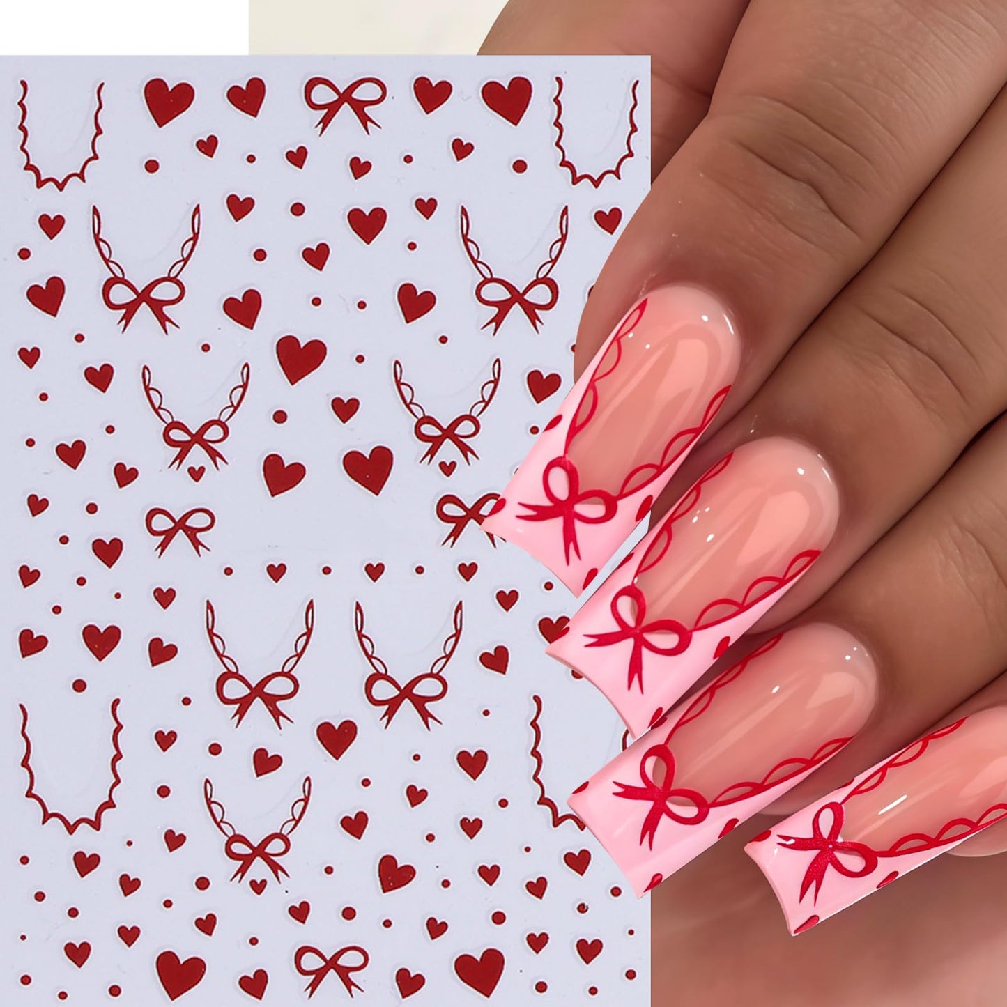 8 Sheets Heart Bows Nail Art Stickers Valentines Day 3D Self Adhesive Hearts Nail Sticker Heart Love Red Bow Tie Nail Design Comic Heart French Tip Line Manicure Accessories for Women Nail Decoration