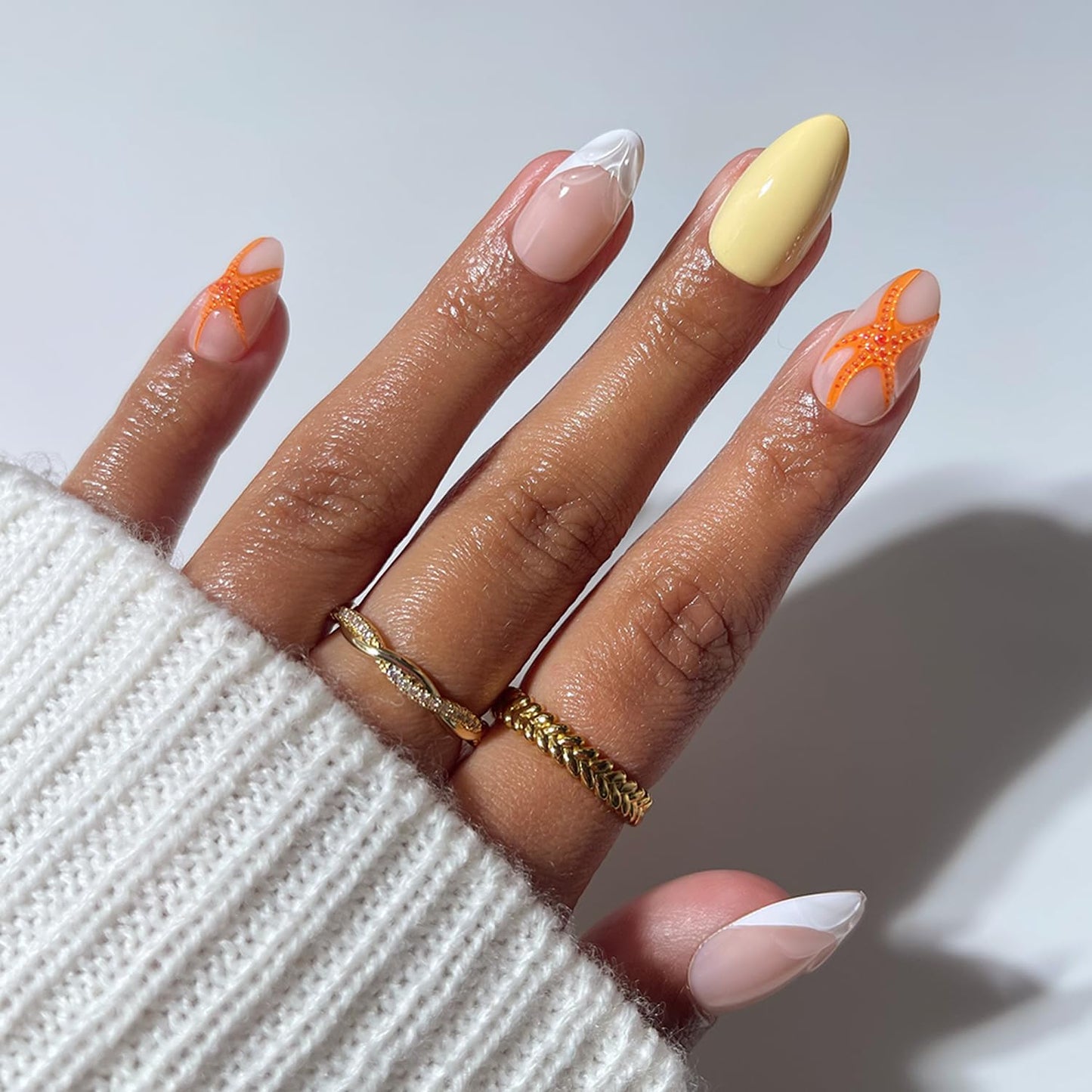 Glamnetic Short Almond Press-On Nails Bundle - Sicilian Sun, Sunbaked & Sunset Tide | Brown Fake Nails with a Velvet Finish | Tropical Nails with Brown Floral Designs, Gold Foil | False Nails Nails wi