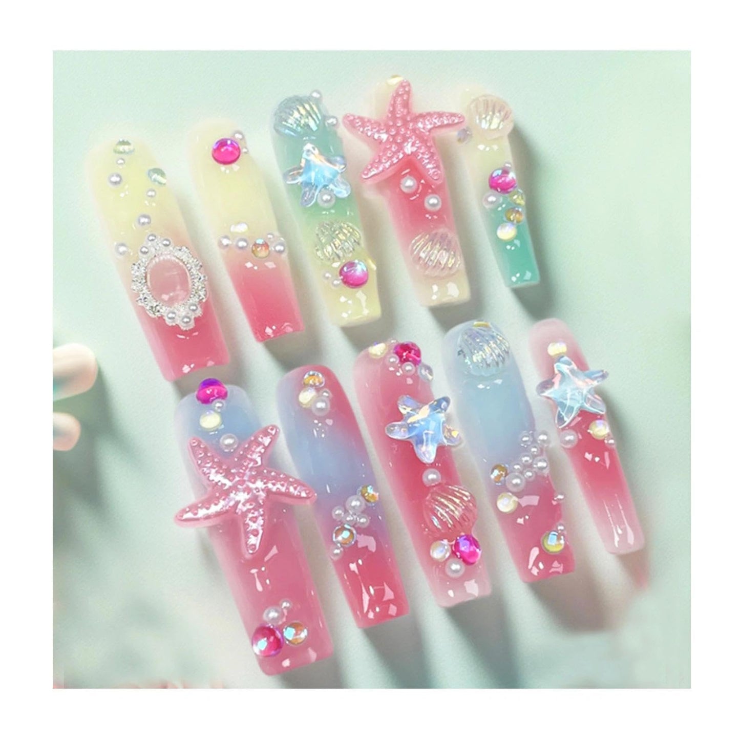 Handmade 3D Ocean Style Starfish Shell Stiletto Press On Nails, Sweet Element Gradient Artisan Nails Set, Reusable Glossy Press-ons with Tool Kit(S)