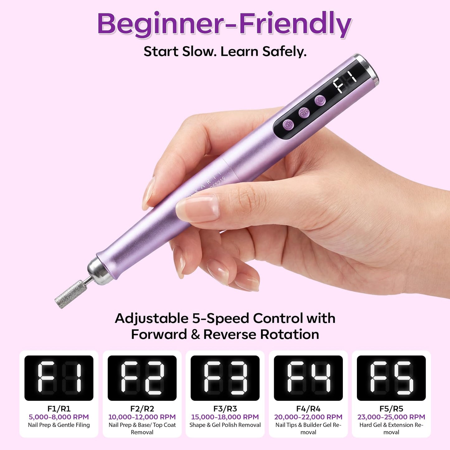 Makartt Pen-Shaped Rechargeable Nail Drill for Beginners: 25,000 RPM Cordless Electric Nail File with 5-Speed LED Display, Lightweight Quiet E File Kit for Gel Polish Removal, Home Travel Use(Purple)
