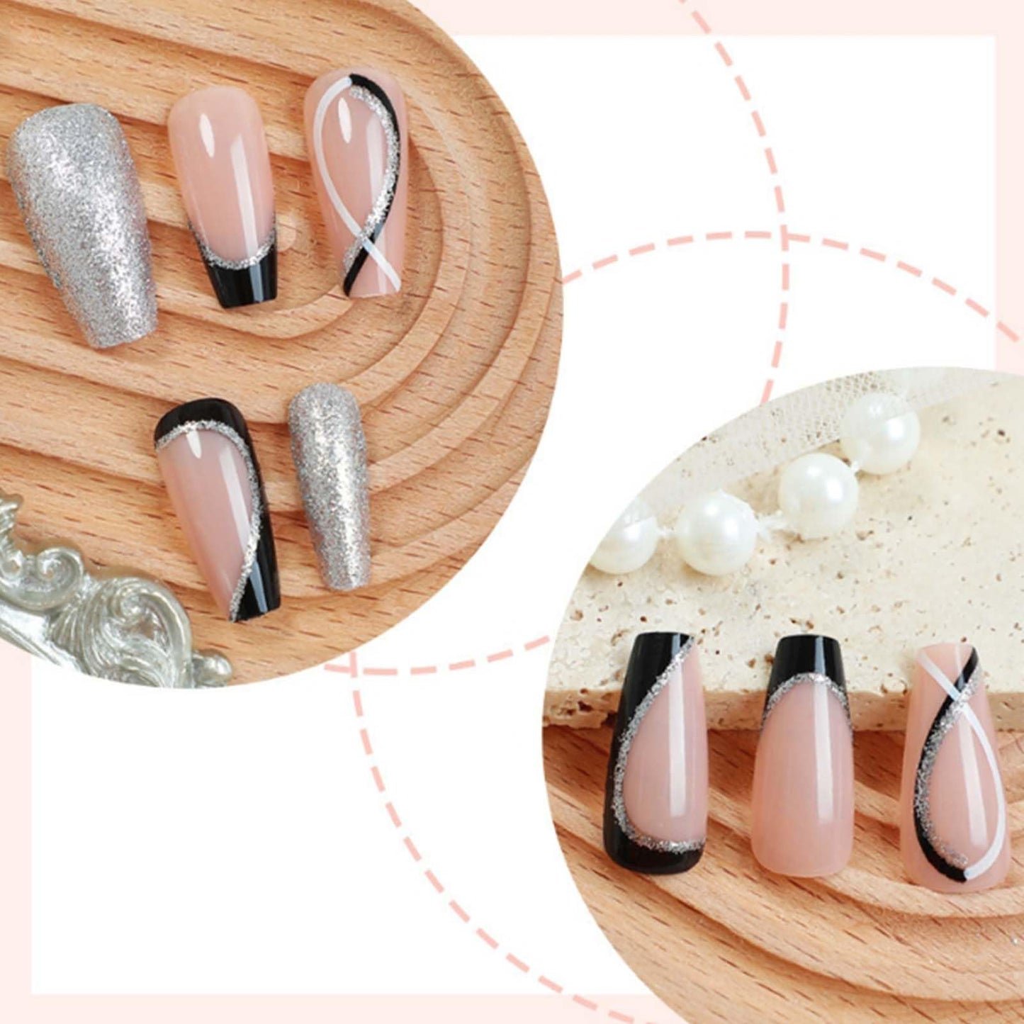 Gifiky False Nails- Swirl Press on Nails Short Coffin Nails Tips Glitter Nude Fake Nails for Women and Girls 24Pcs