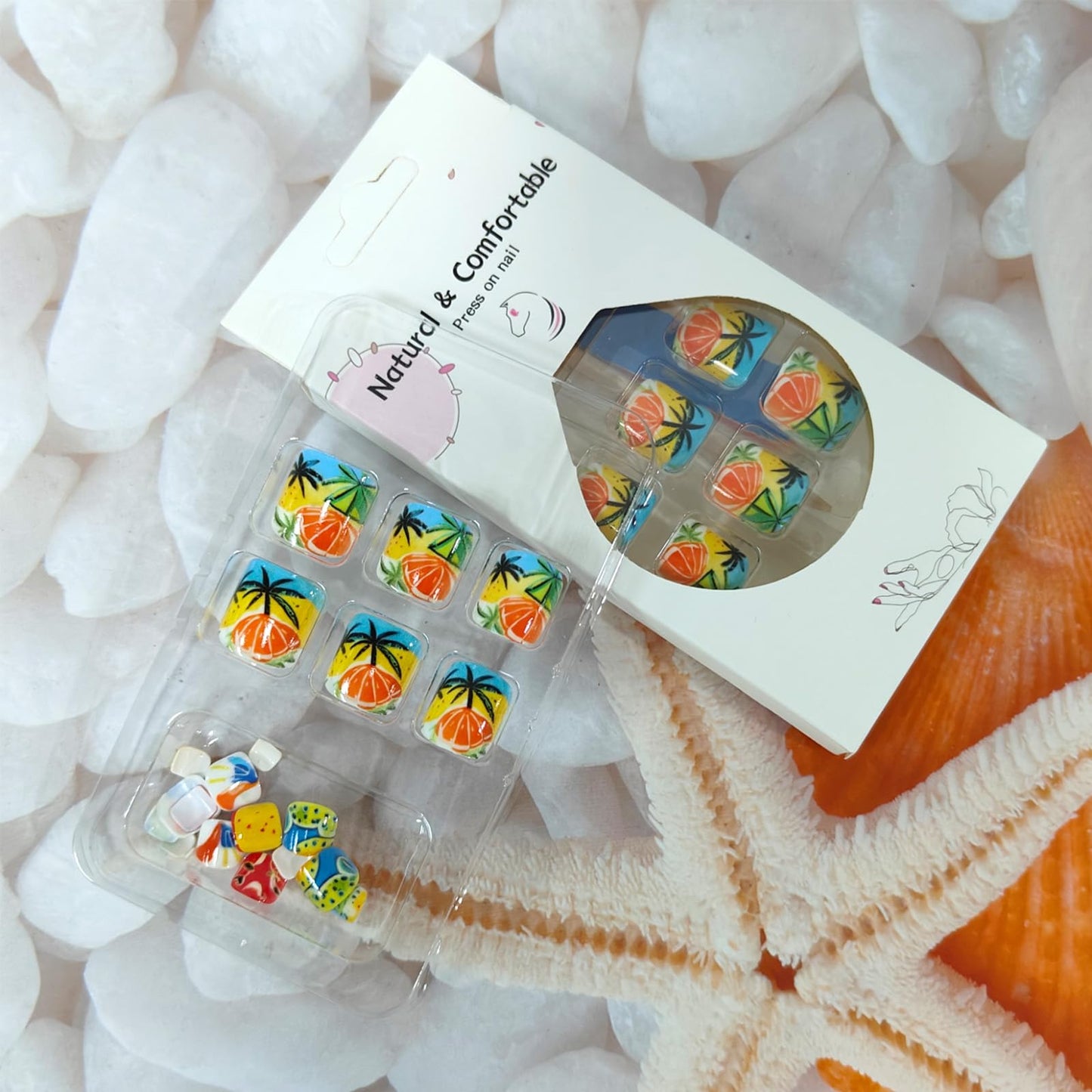 Summer Beach Press on Toenails Short Fake Toe Nails with Orange Coconut Tree Seagull Designs Summer Toenail Press ons Glossy Acrylic False Toenails Reusable Glue on Toe Nails for Women