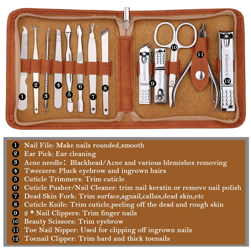 FAMILIFE F03 13pcs Manicure Set and L07 100% Stainless Steel Ingrown Toenail File and Lifter Double Sided with Storage Case (Ingrown Toenail File)