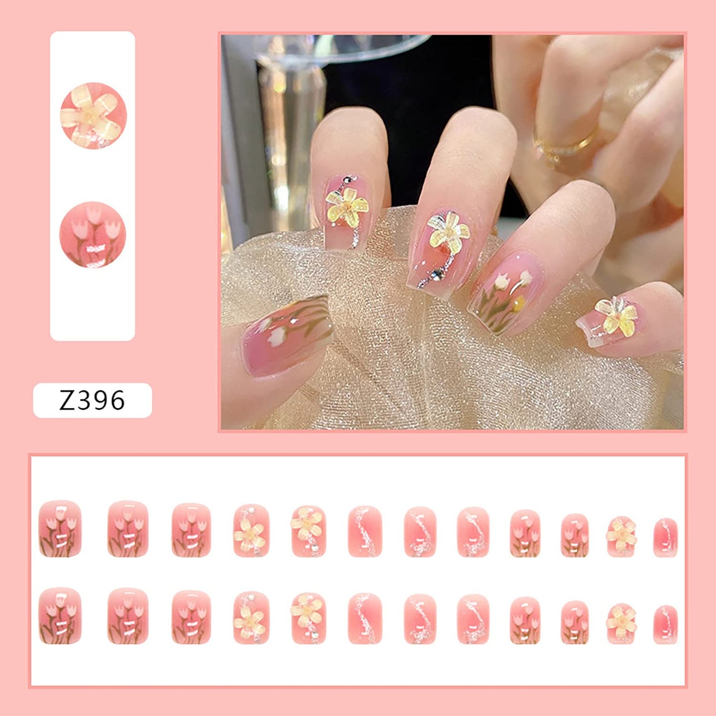 24 Full Cover Reusable False Nails Kit - Press On Short Square Acrylic Nails, Glue On Coffin Shape with Tulip Design for Women