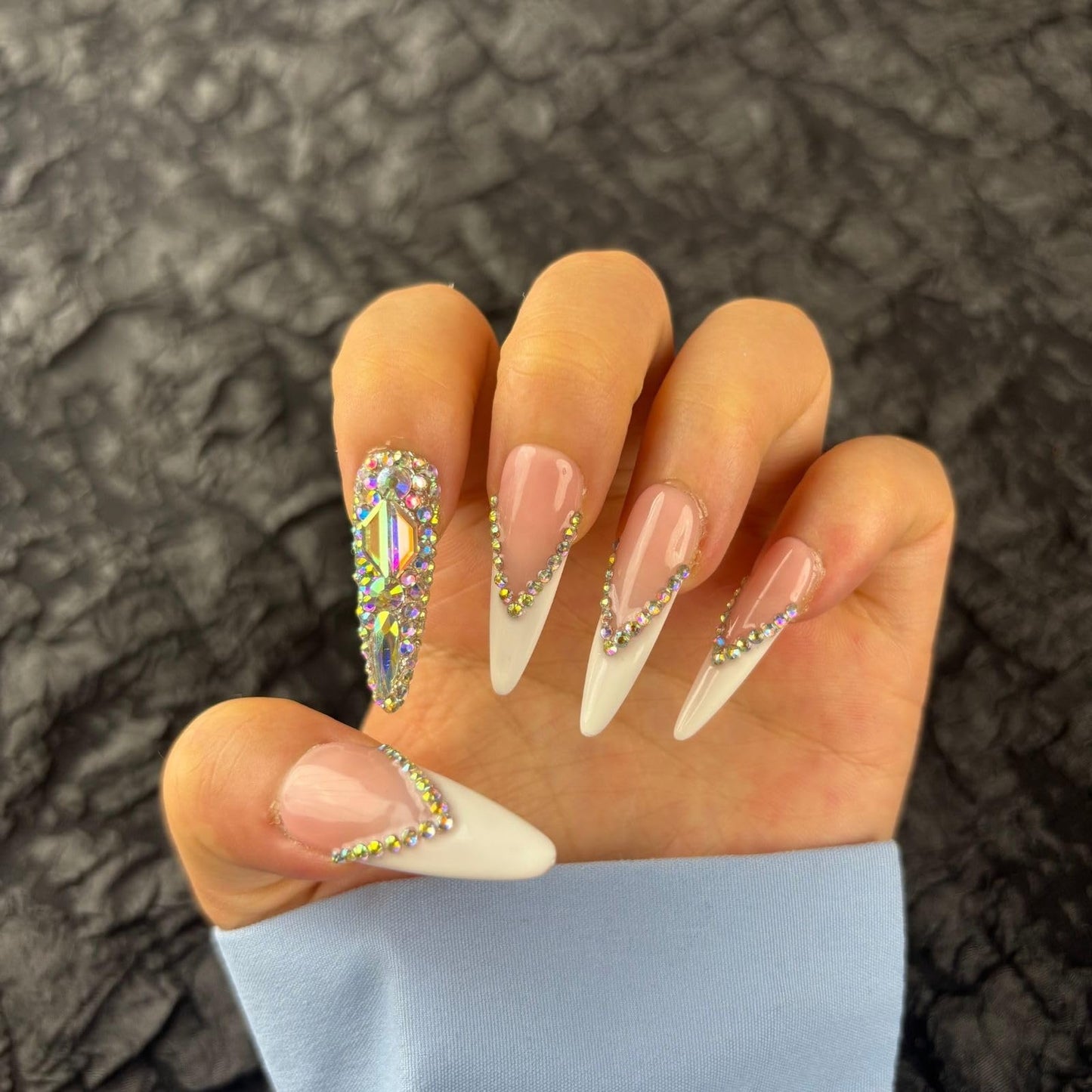 Yabonica French Tip Press On Nails Long Stiletto,10 Pcs Handmade Acrylic Fake Nails Press Ons Salon Design Stick On Nails,Luxury UV Gel Glue On False Nails with 3D Rhinestone 039L)