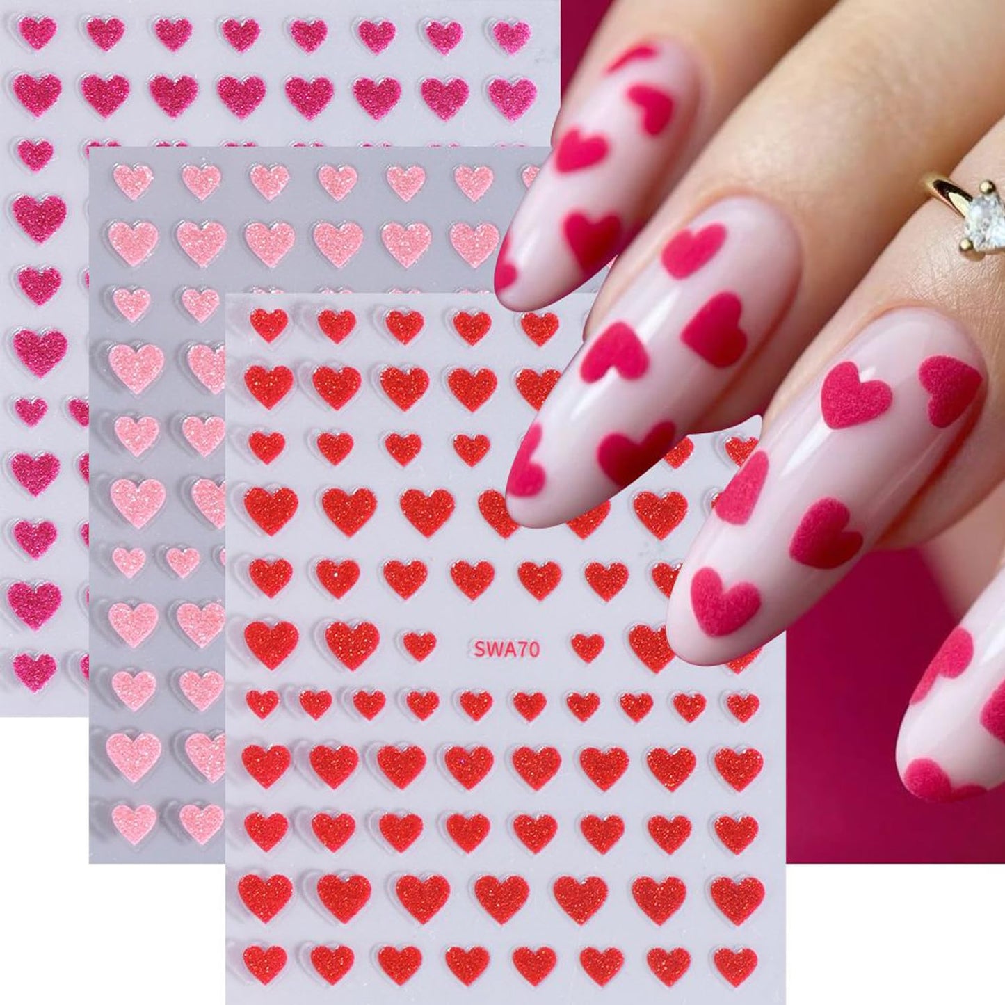 BSBTBZ Heart Nail Stickers - Valentine's Day Love Style Shiny Glitters Red Pink Self-Adhesive Glitter Powder Effect Valentine's Hearts Nail Design for Women DIY Manicure Supplies