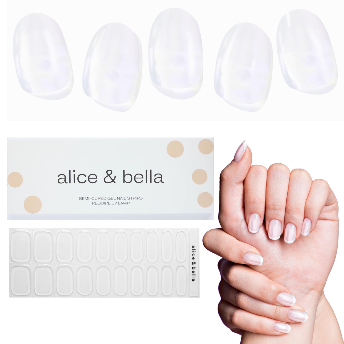 Alice & Bella Nude & Neutral Manicure Kit Bundle - Semi cured gel nail strips duo in Milky White + Pure Strength Clear - mani that works well any outfit & occasion & strengthens your nails