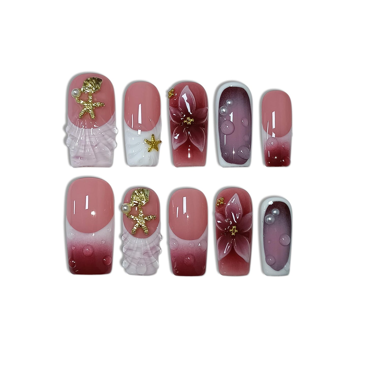 TENPAL Handmade Press on Nails Medium Coffin-Nude Pink Wine Ombre Fake Nails with 3D Teardrop Metal & Ocean Floral Design,Blushing Acrylic Glossy False Nails with Crystal Y2K Style For Women Girls(S)