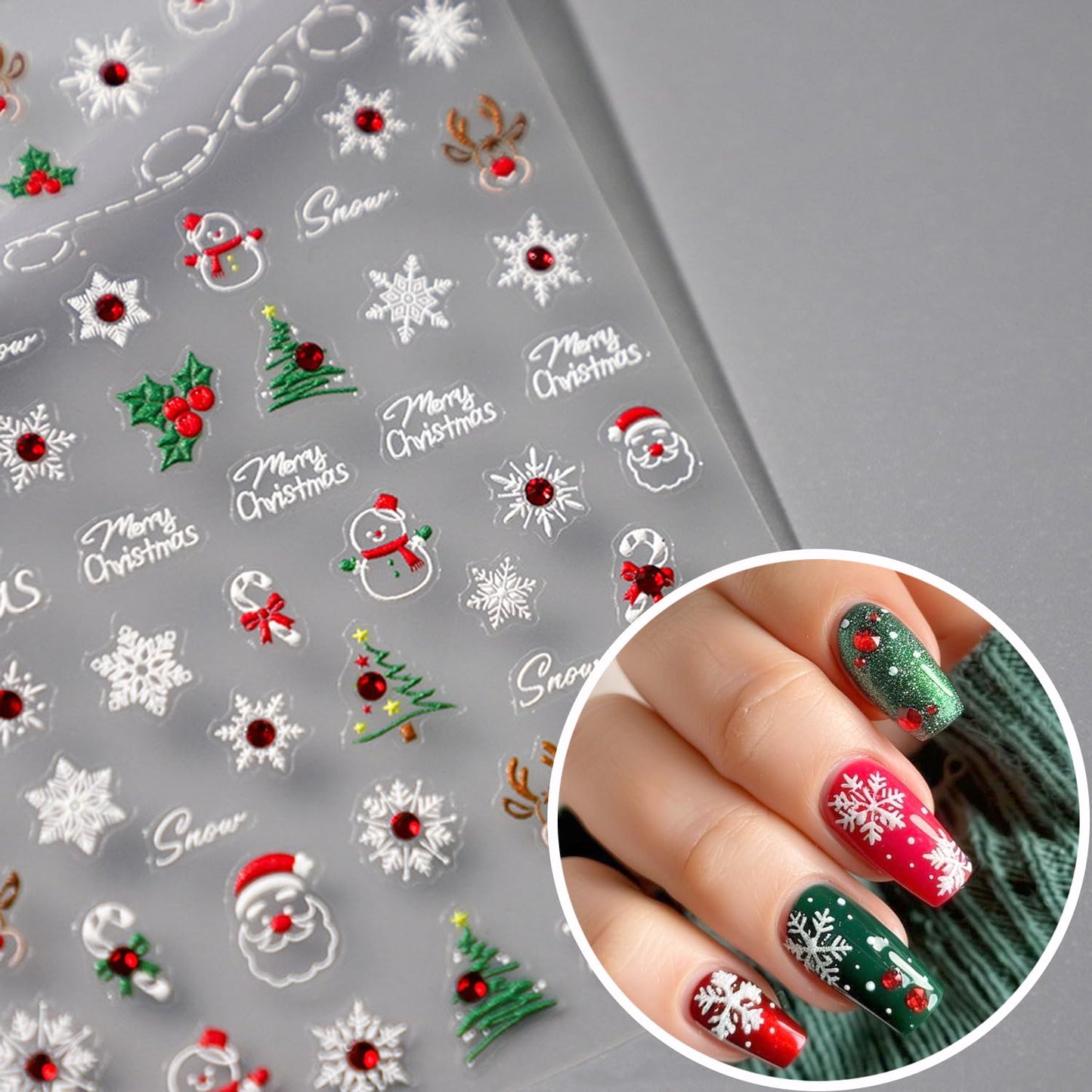 Christmas Nail Art Stickers Decals 5D Embossed Cute Santa Claus Snowman Nail Stickers Self-Adhesive Winter Snowflake Nail Decal with Red Rhinestones Charms Designs Nail Sticker for Women Nails Decor