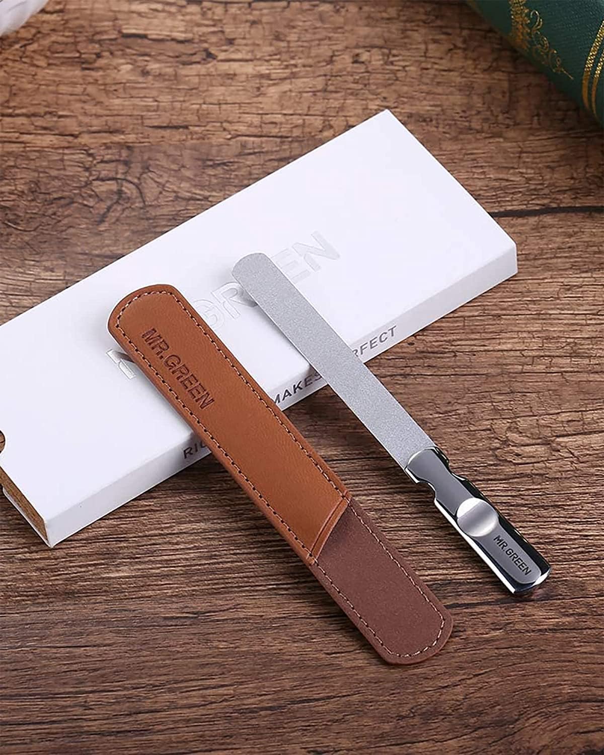 MR.GREEN Stainless Steel Nail File with Anti-Slip Handle and Leather Case, Double Sided and Files Nails Easily for Men and Woman