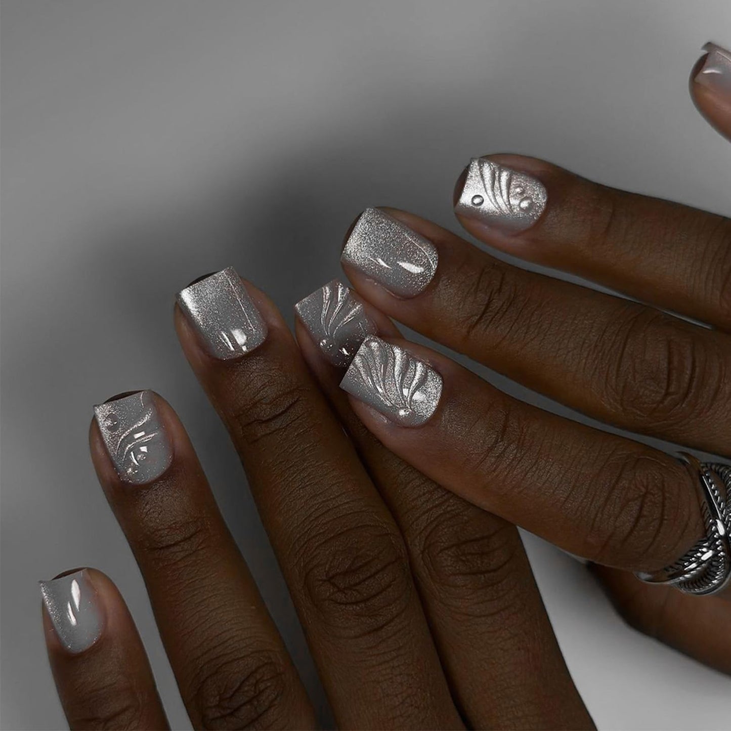Short Square Press on Nails HZJXRT Fake Nail 3D Curve Line False Nails with Sparkly Design, Glossy White Glitter Stick on Artificial Fingernails Reusable Moon Stick on Nail for Women Daily Wear