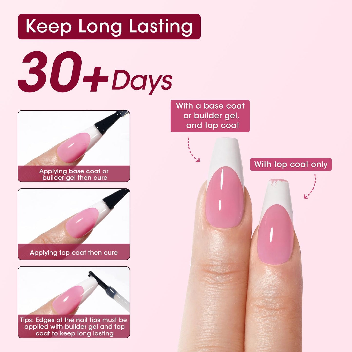 Gellen French Soft Gel Nail Tips - 150 pcs 15 Sizes French Tip Press on Nails Pink Long Square Fake Nails, 3 in 1 Pre-french Gel Nail Tips No Need to File