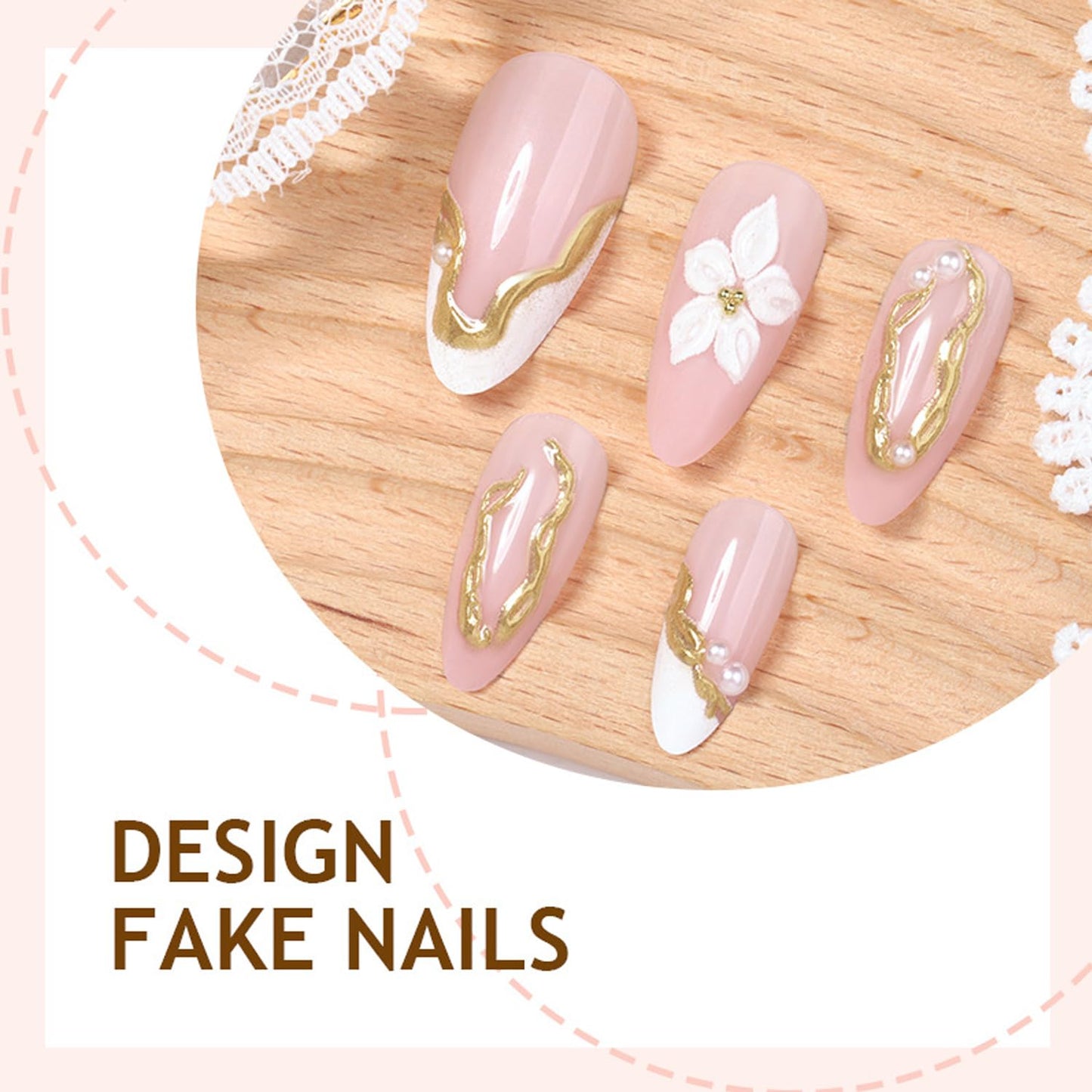 24Pcs White Flower Press on Nails Medium-Length Almond French Tip Fake Nails 3D Chrome Gold False Nails Gilded Line Gel Stick on Nails Nude Glossy Full Cover Cute Floral Acrylic Glue on Nail for Women