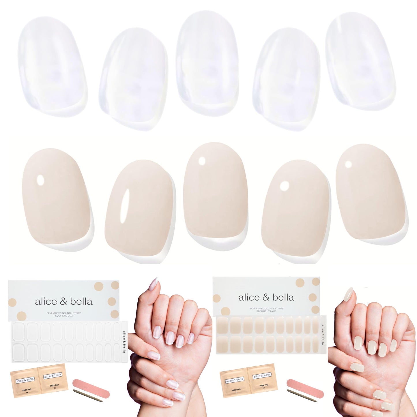 Alice & Bella Nude & Neutral Manicure Kit Bundle - Semi cured gel nail strips duo in Milky White + Pure Strength Clear - mani that works well any outfit & occasion & strengthens your nails