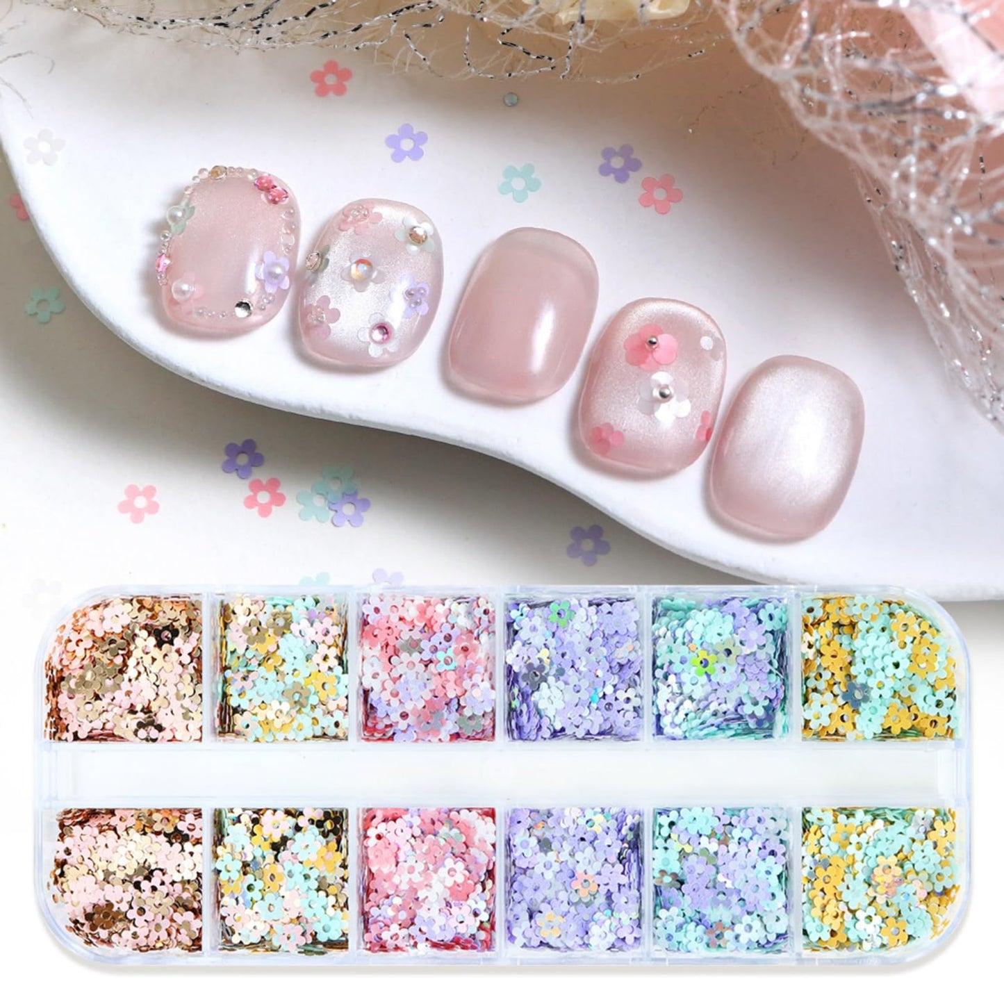1 Box 6 Color Holographic Flower Nail Glitter Small Floral Nail Sequins 3D Pink Gold Nail Flakes Spring Glitter Flakes Shiny Nail Sequins Glitter for Women Manicure Art 12 Grids