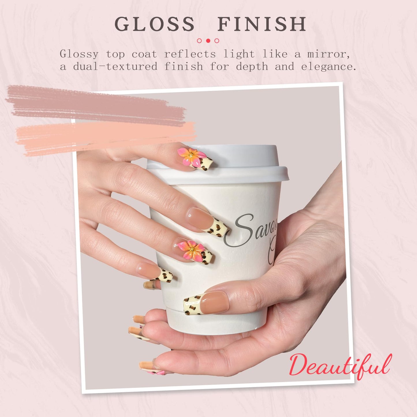 Nude Pink Handmade Press On Nails – Long Coffin French Leopard Print & Floral Rhinestone Design | Thick Acrylic Full-Coverage False Nails Spring Pattern (M-10PCS)